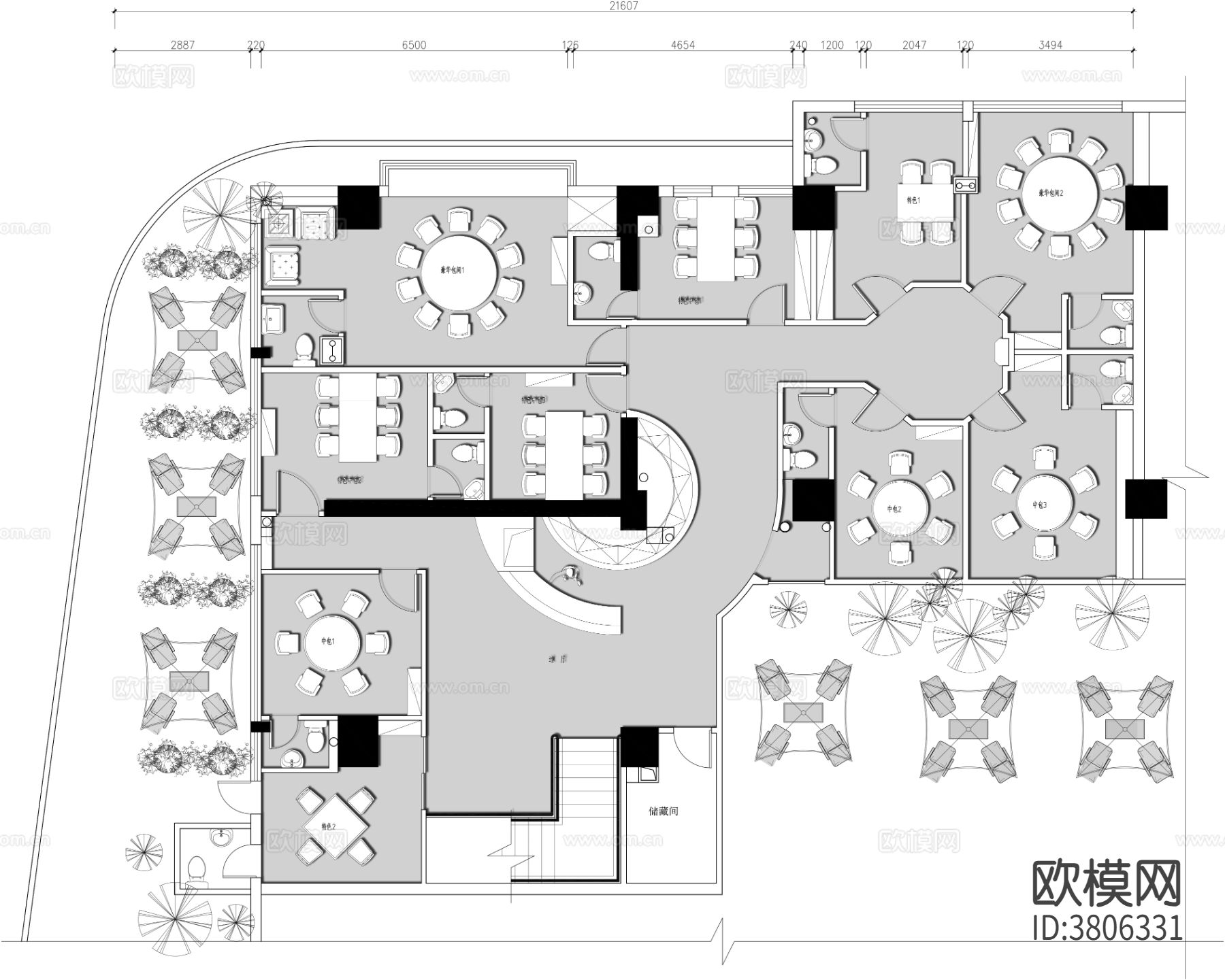 酒楼景区饭店CAD平面图下载（渲染图1）