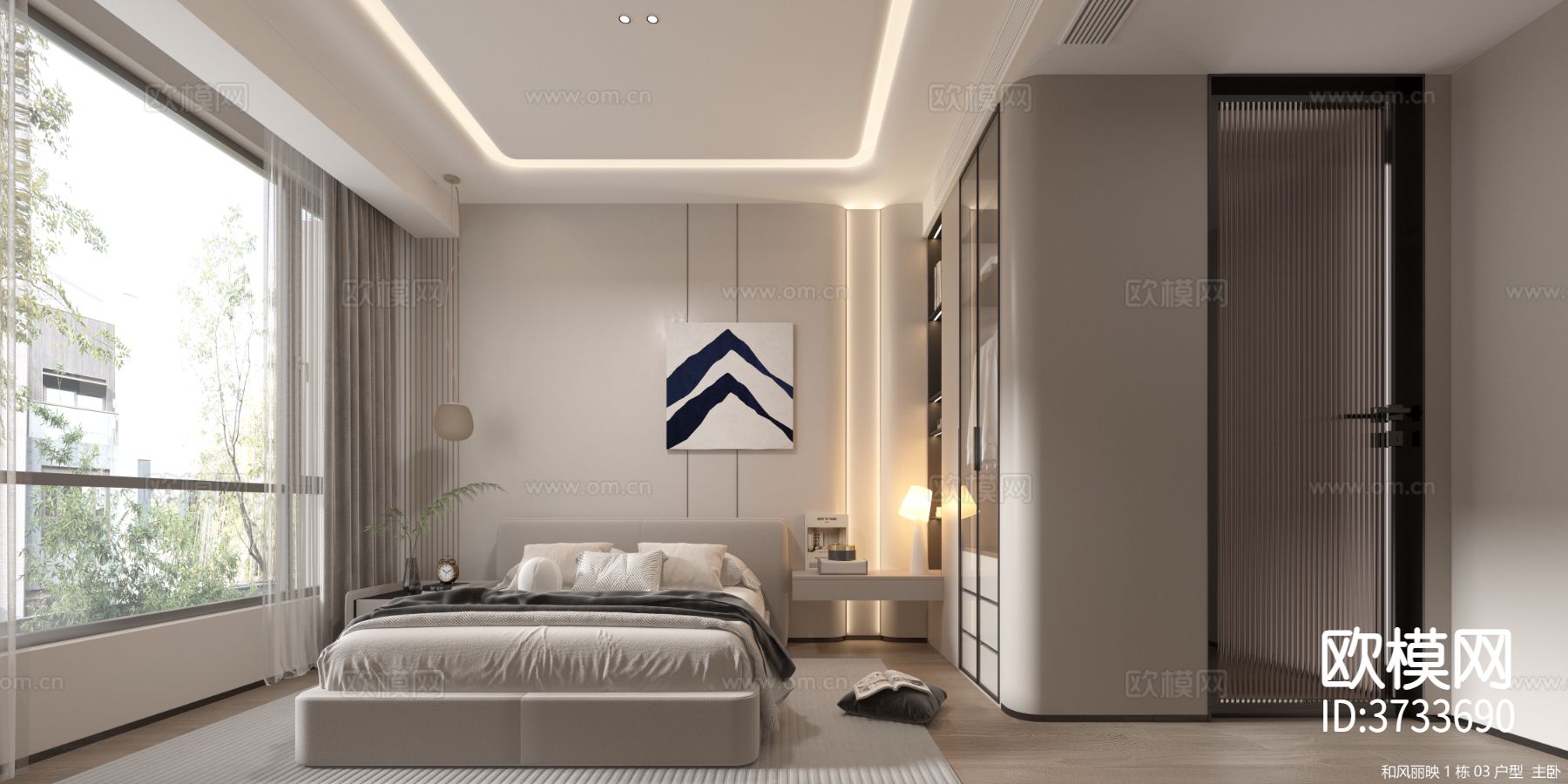 奶油风创意样板房 平层效果图下载（渲染图3）