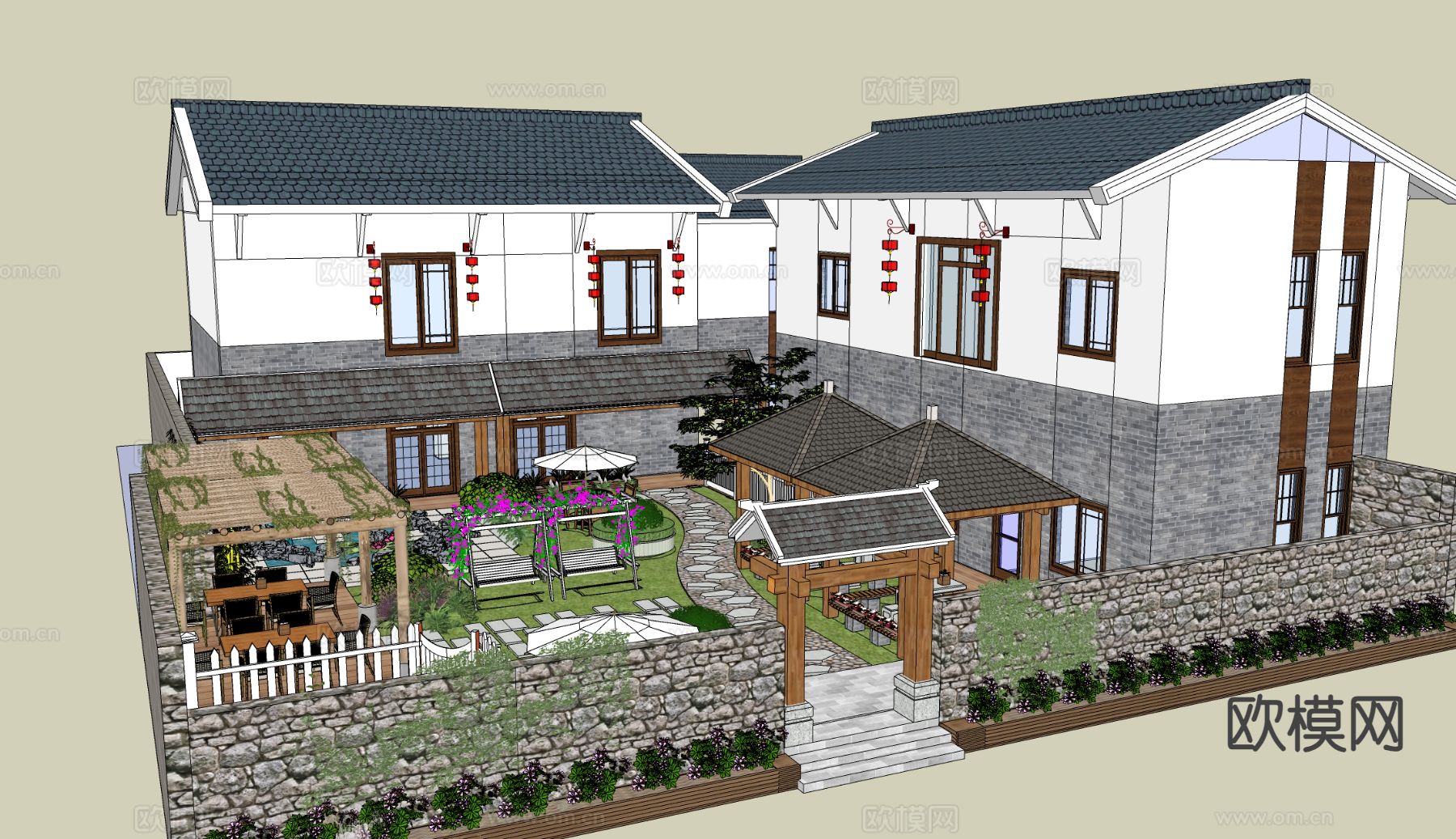 别墅庭院 花园su模型下载（渲染图1）