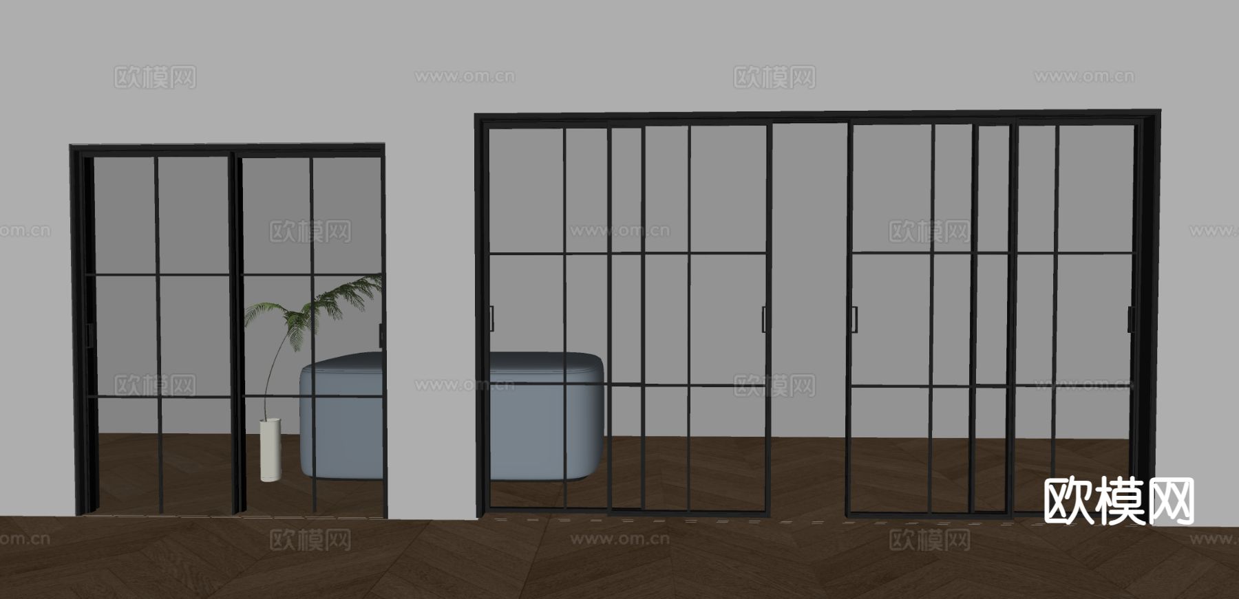 玻璃推拉门 格栅移门su模型