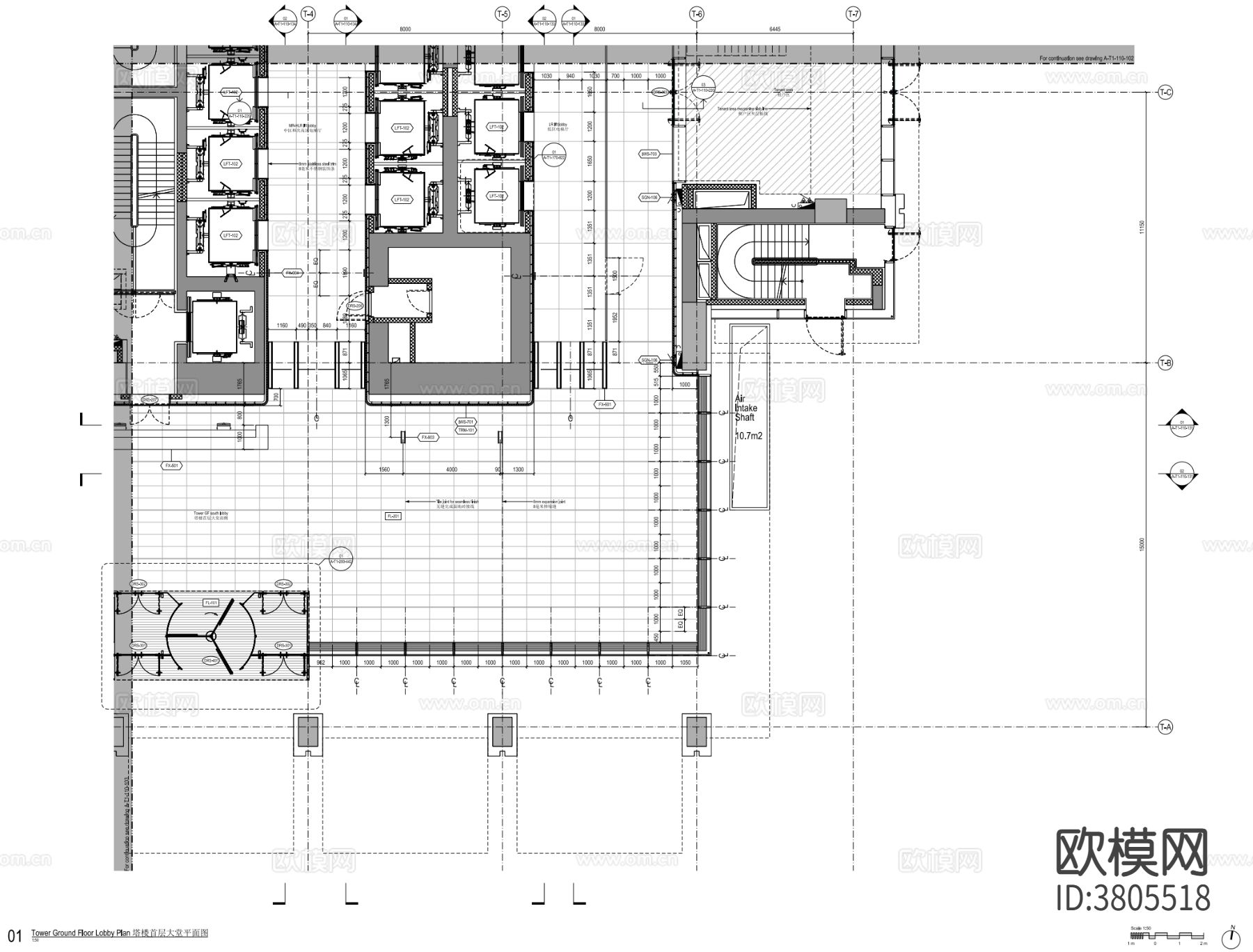 办公楼大堂办公电梯厅CAD施工图