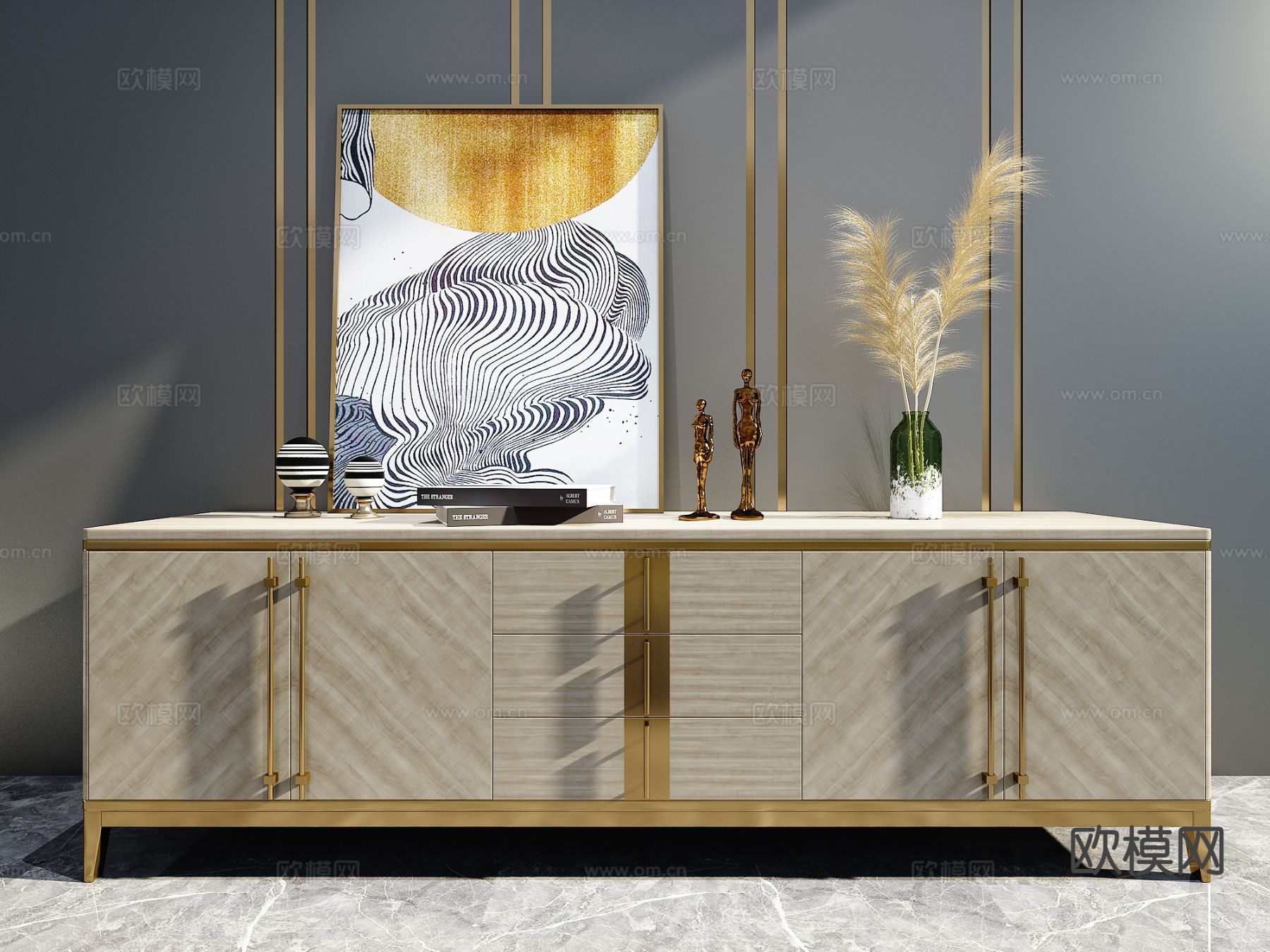 美式轻奢电视柜su模型下载（渲染图2）