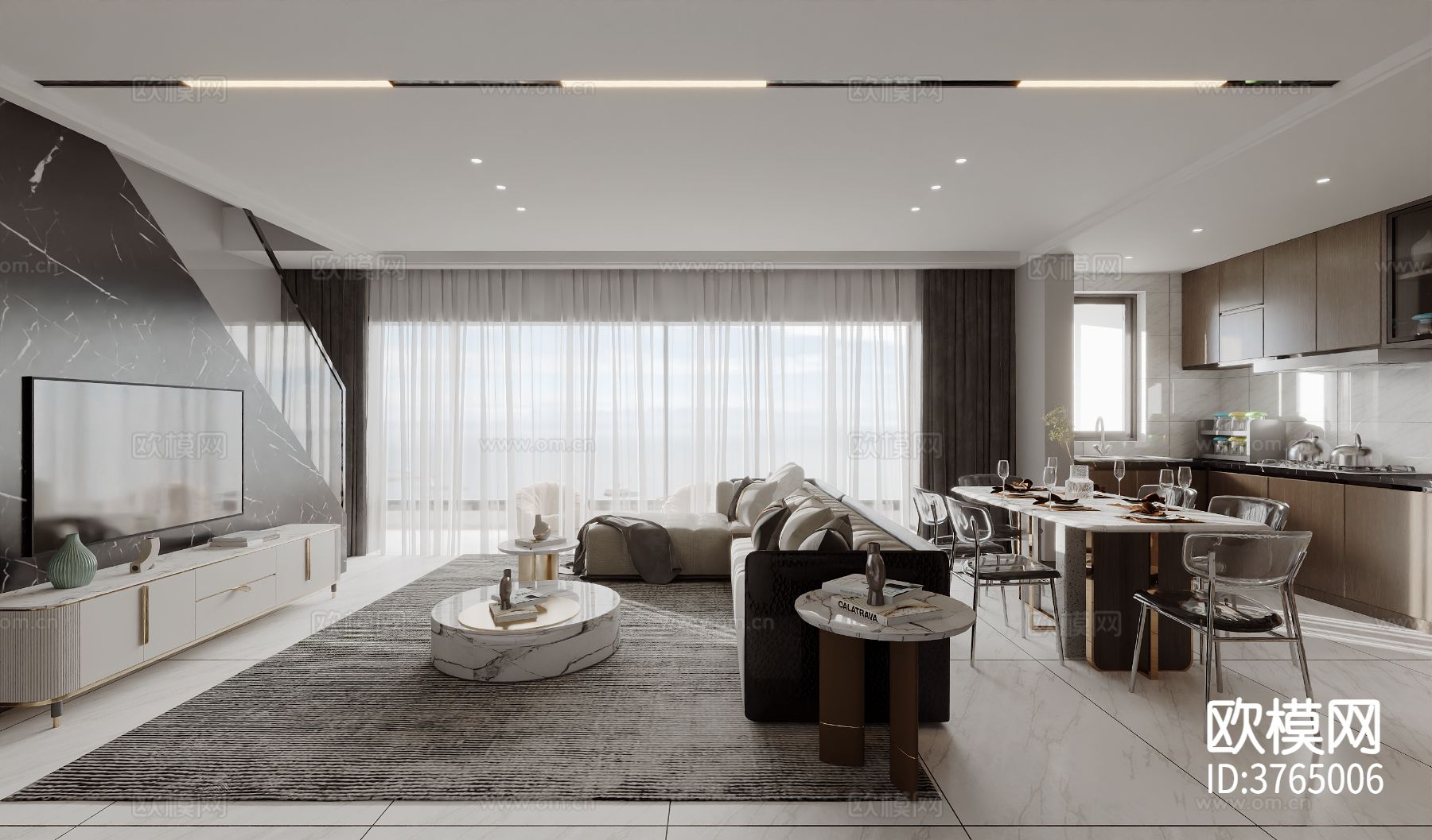 现代客餐厅 平层效果图下载（渲染图5）