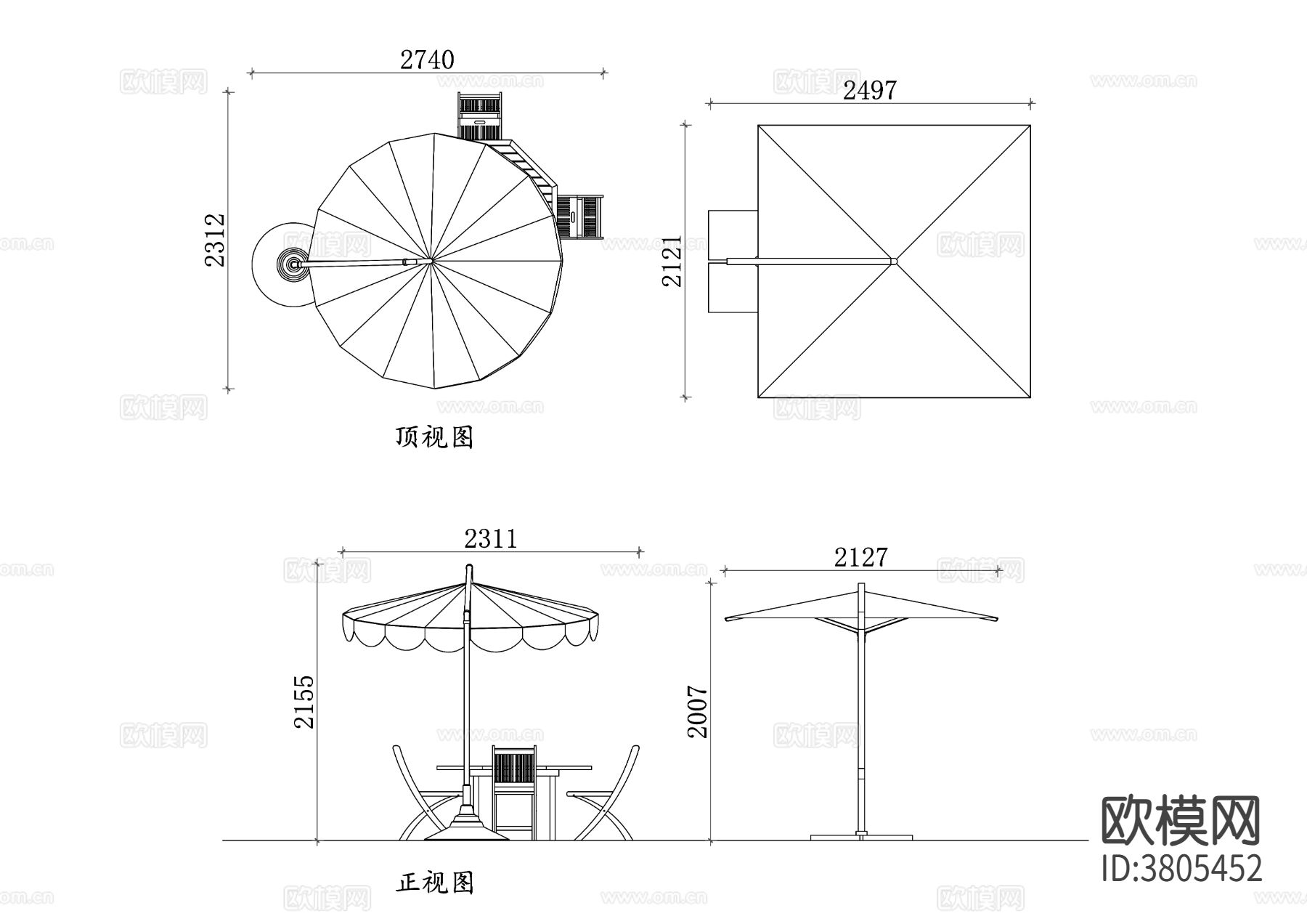 悬臂伞 外摆CAD三视图