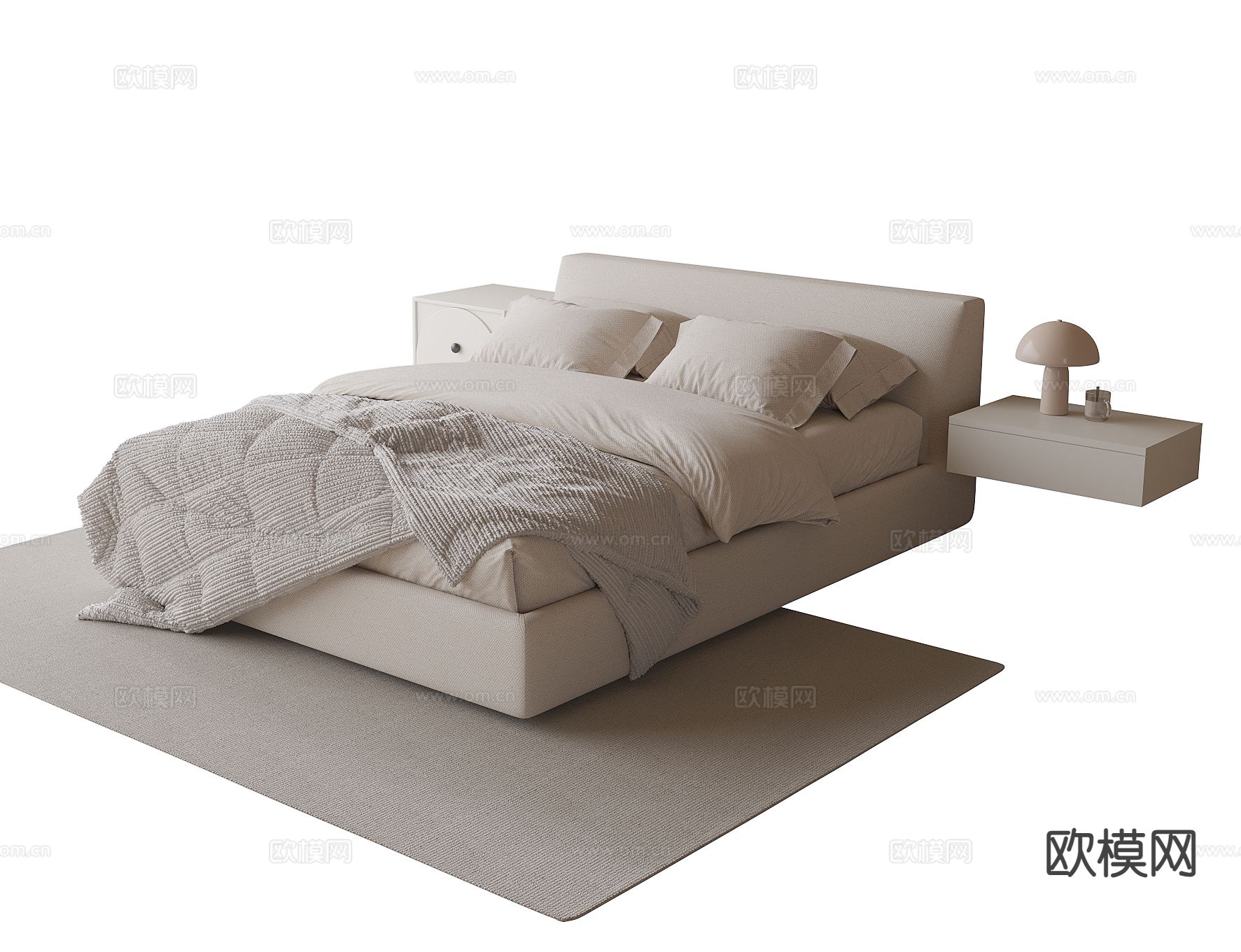 奶油风双人床su模型下载（渲染图2）