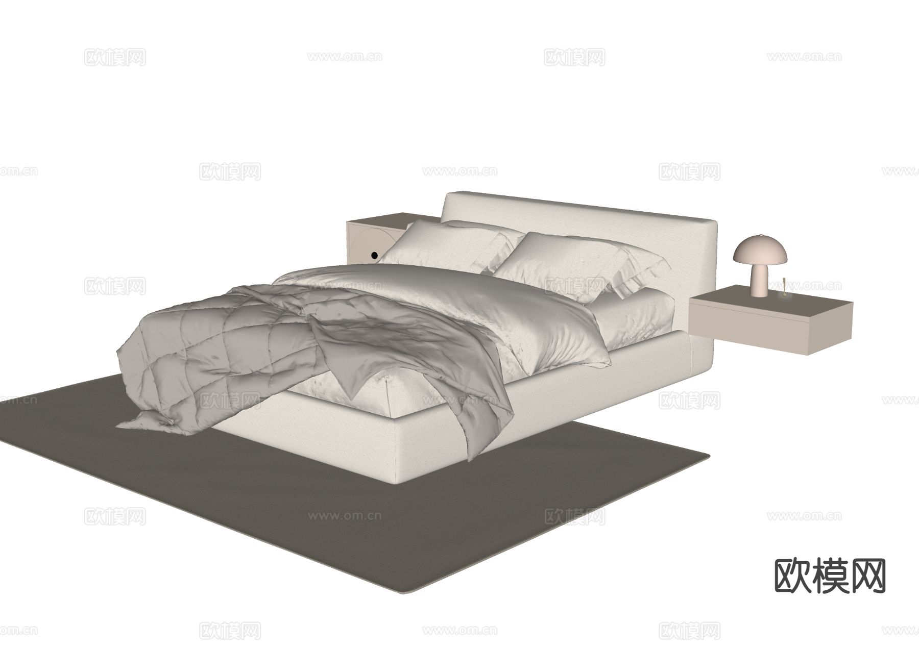 奶油风双人床su模型下载（渲染图1）