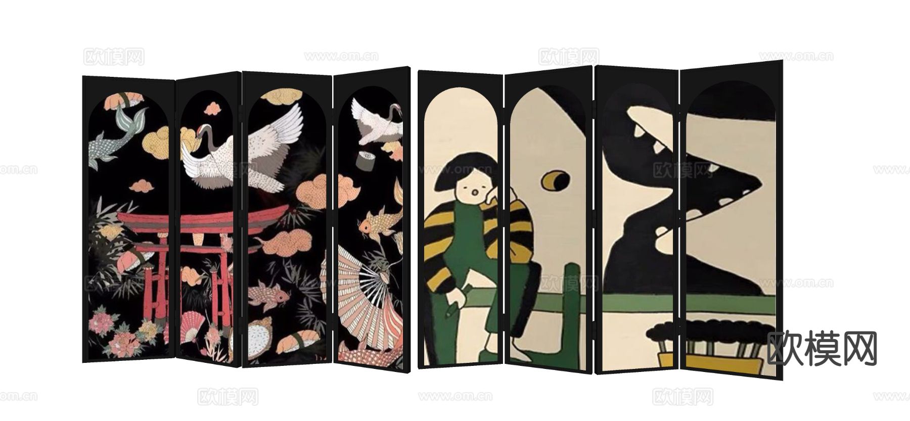 中古风屏风 壁画屏风su模型下载（渲染图1）