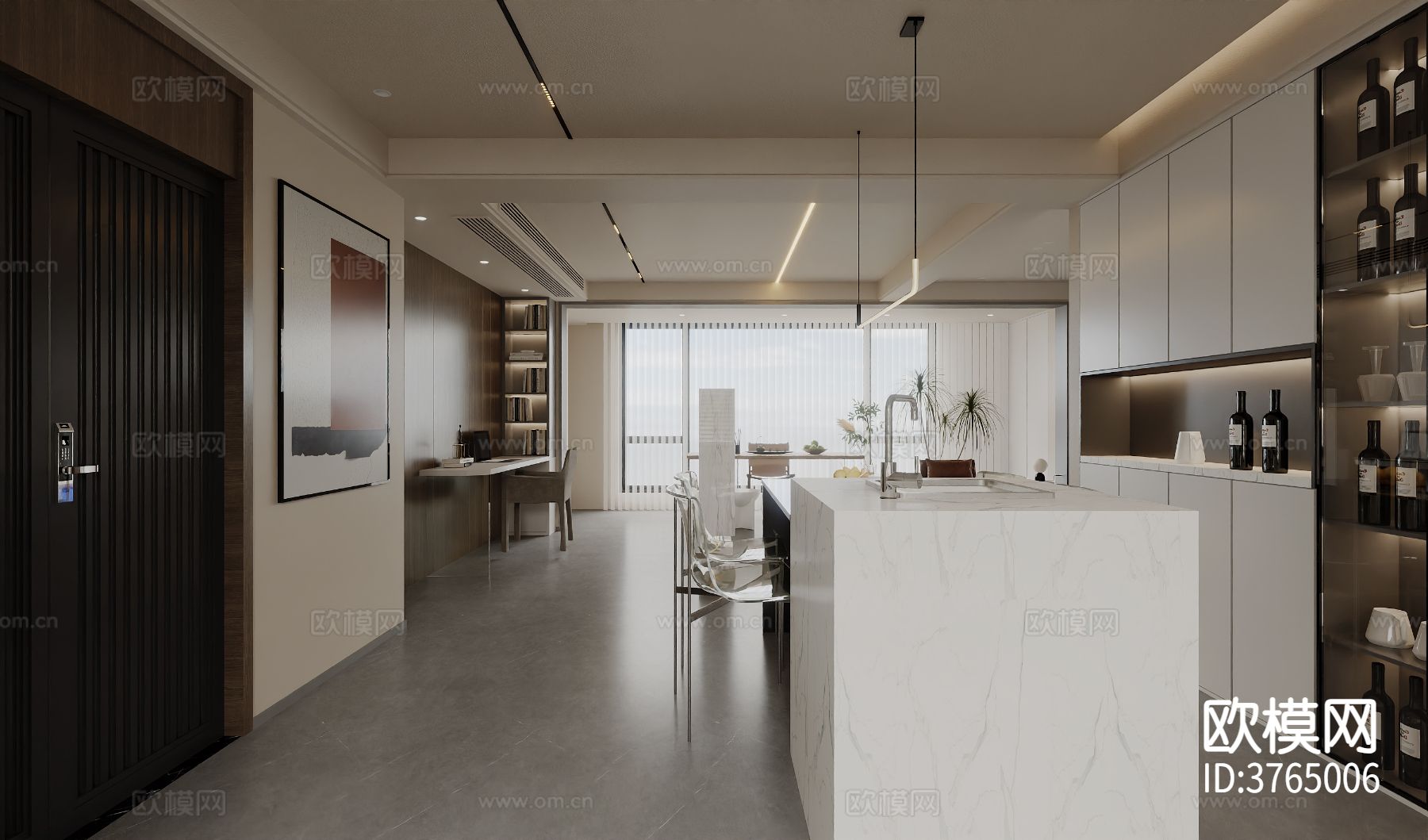 现代客餐厅 平层效果图下载（渲染图2）