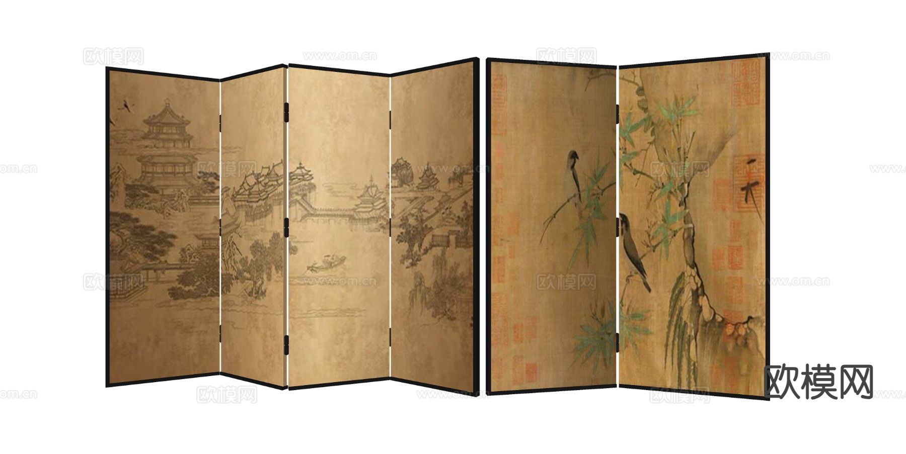 新中式屏风 壁画屏风su模型下载（渲染图1）