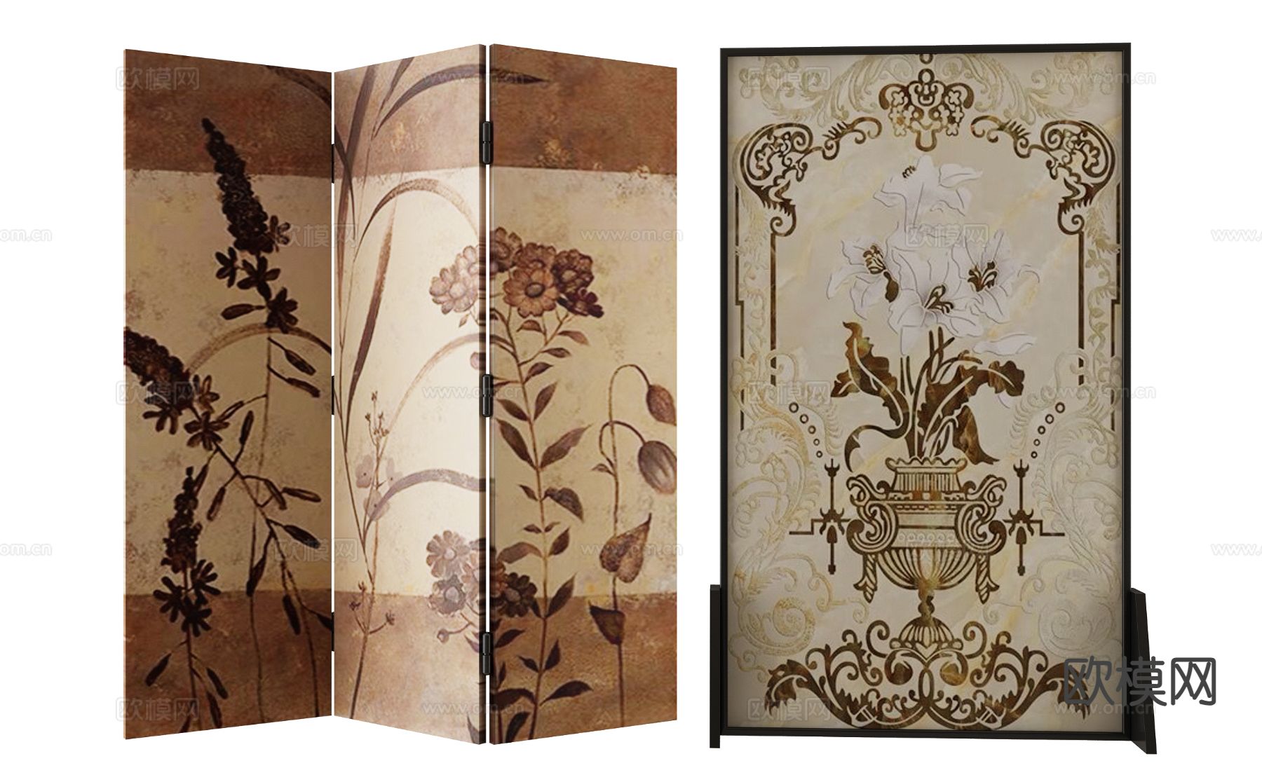 中古风屏风 壁画屏风su模型下载（渲染图2）