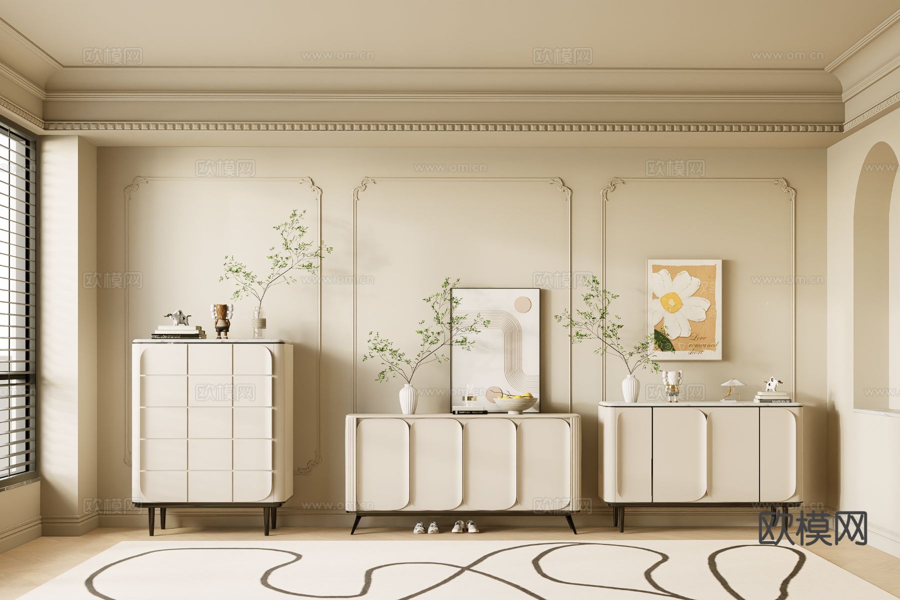 奶油风玄关柜 边柜su模型下载（渲染图2）