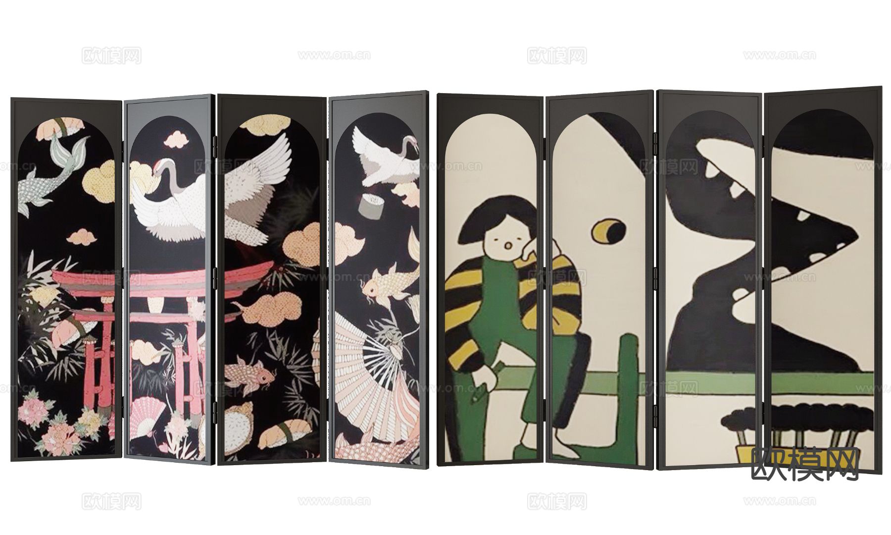 中古风屏风 壁画屏风su模型下载（渲染图2）