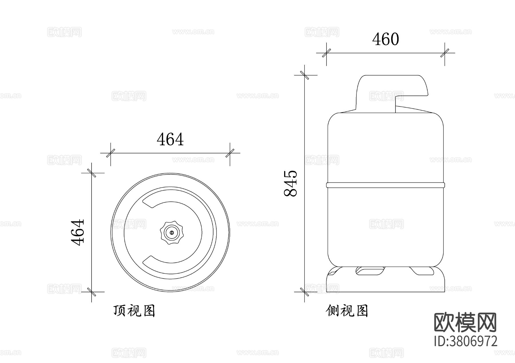 丙烷钢瓶平面图 丙烷钢瓶结构图 三视图