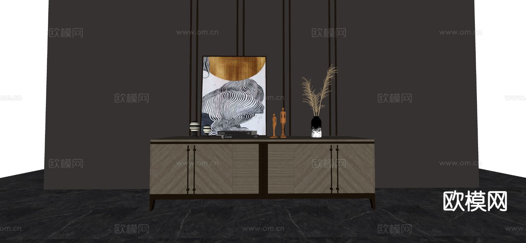 美式轻奢电视柜su模型下载（渲染图1）