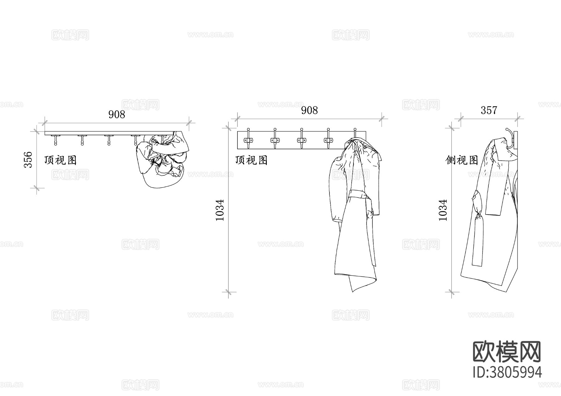 外套壁挂钩CAD三视图