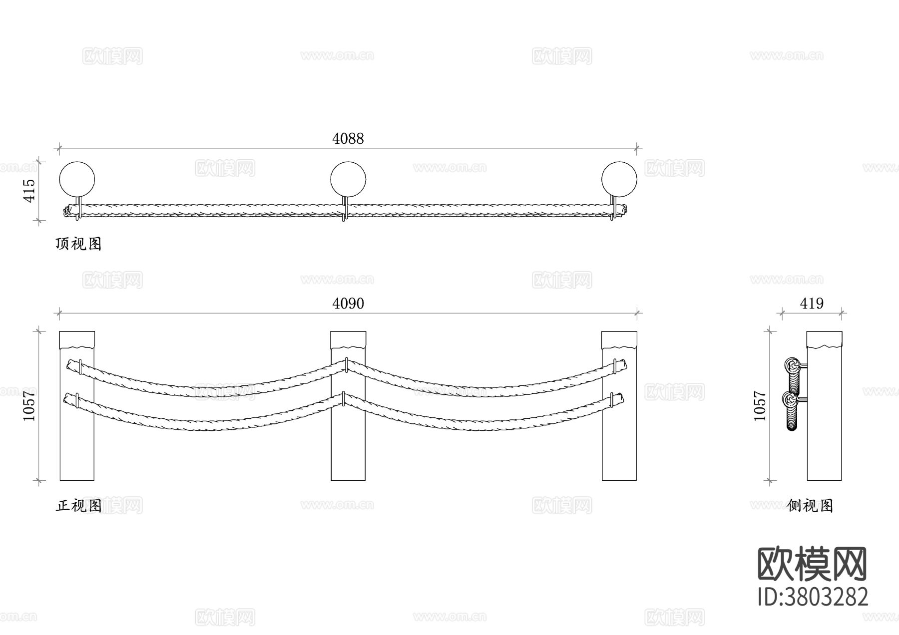 绳索栏杆CAD三视图
