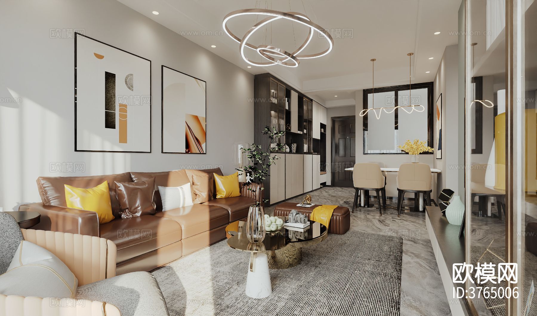 现代客餐厅 平层效果图下载（渲染图6）