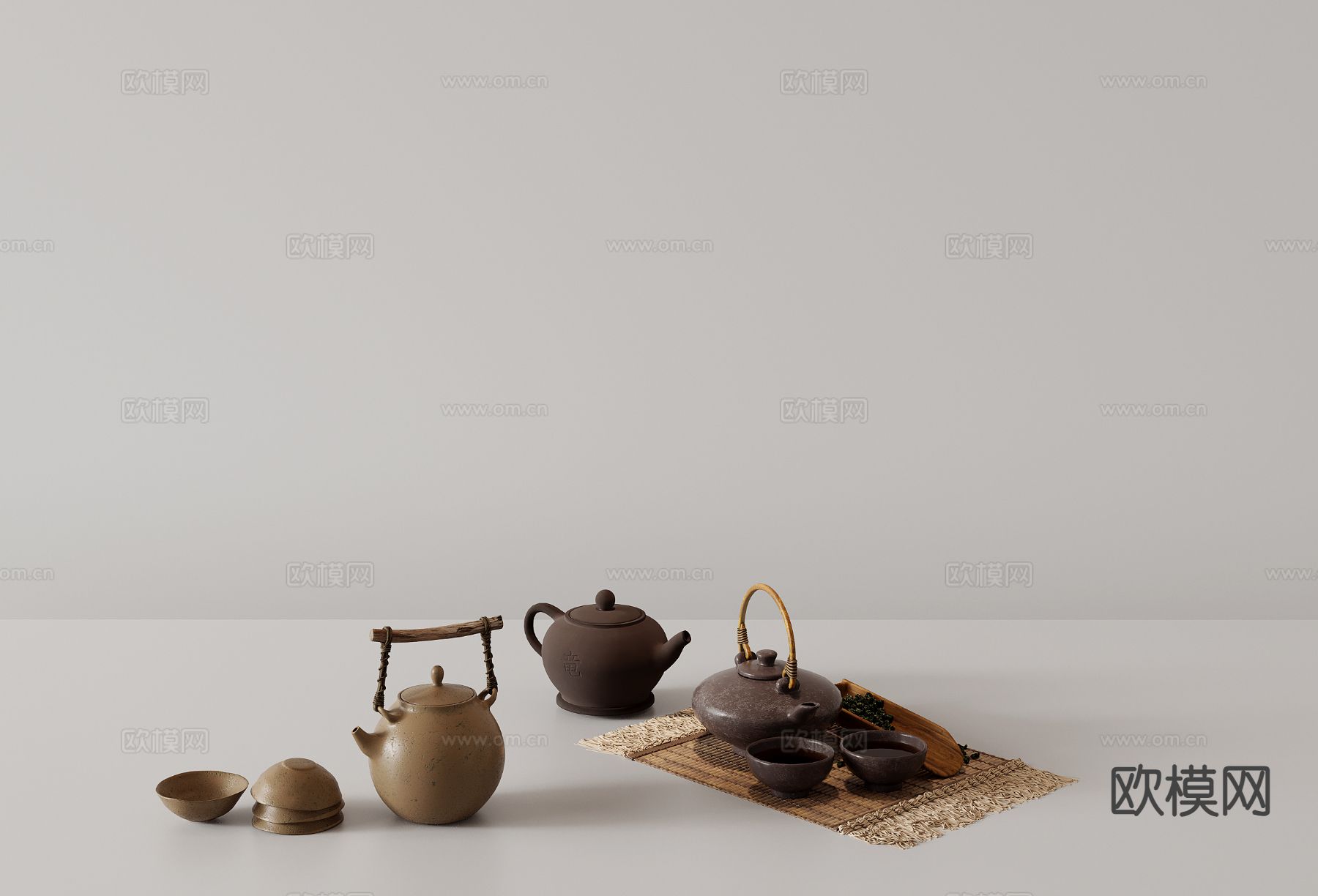 中式茶具 茶壶 紫砂壶 陶瓷器具 茶杯su模型