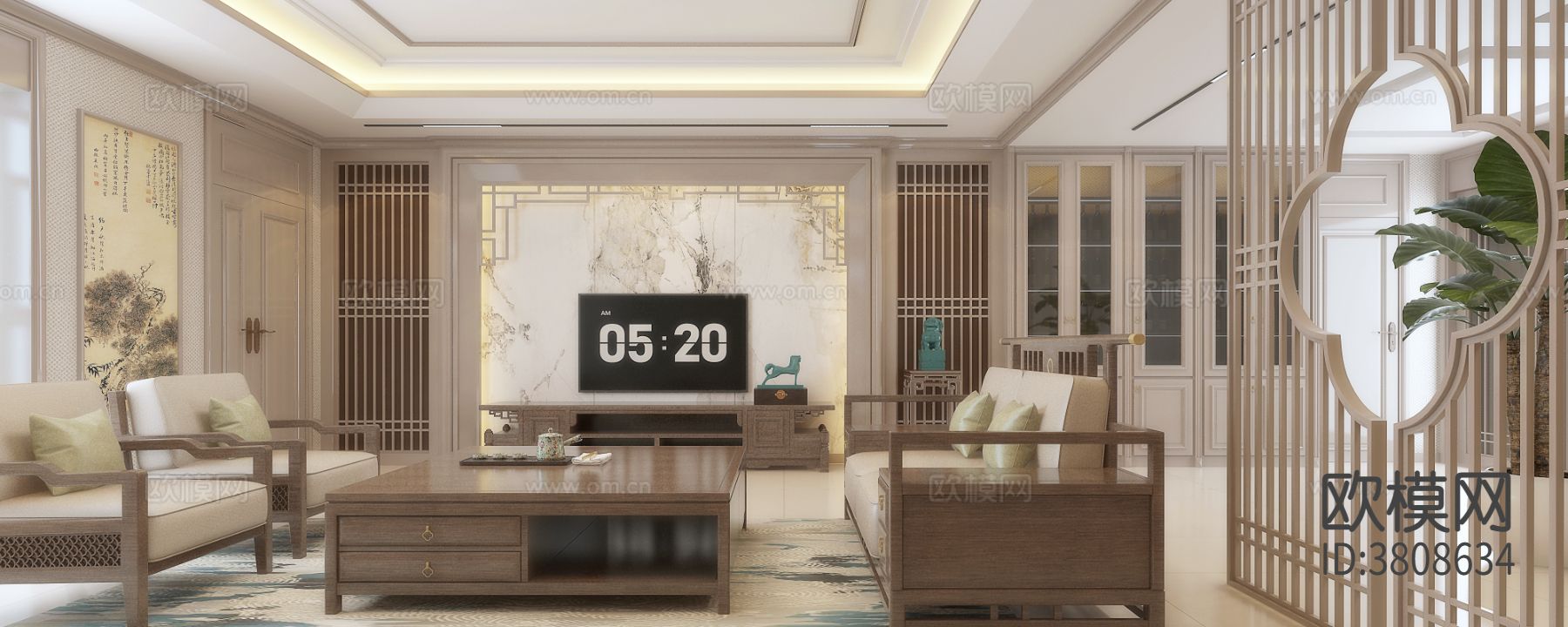 新中式平层客厅效果图下载（渲染图1）