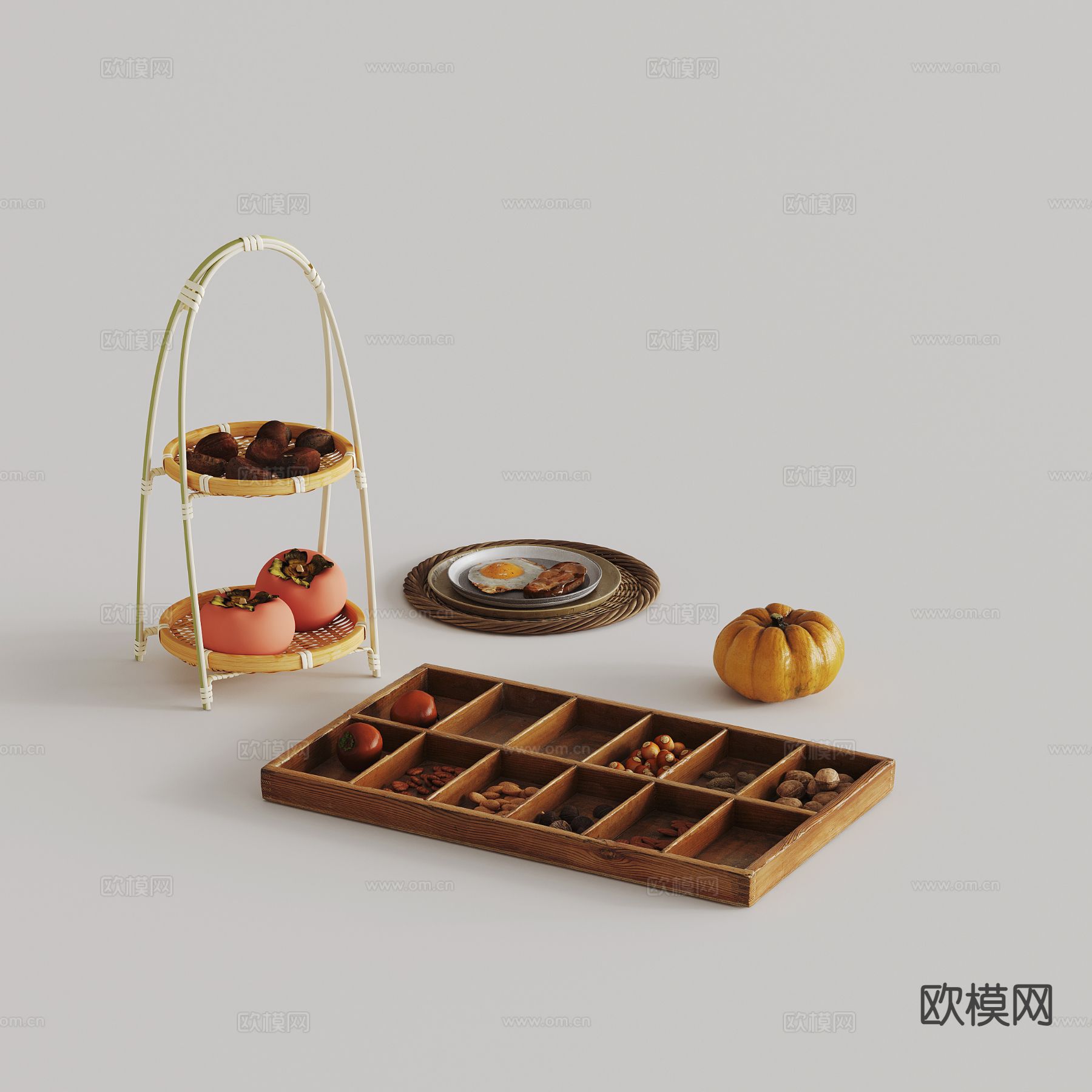 柿子 南瓜 坚果 托盘煎鸡蛋 食品3d模型