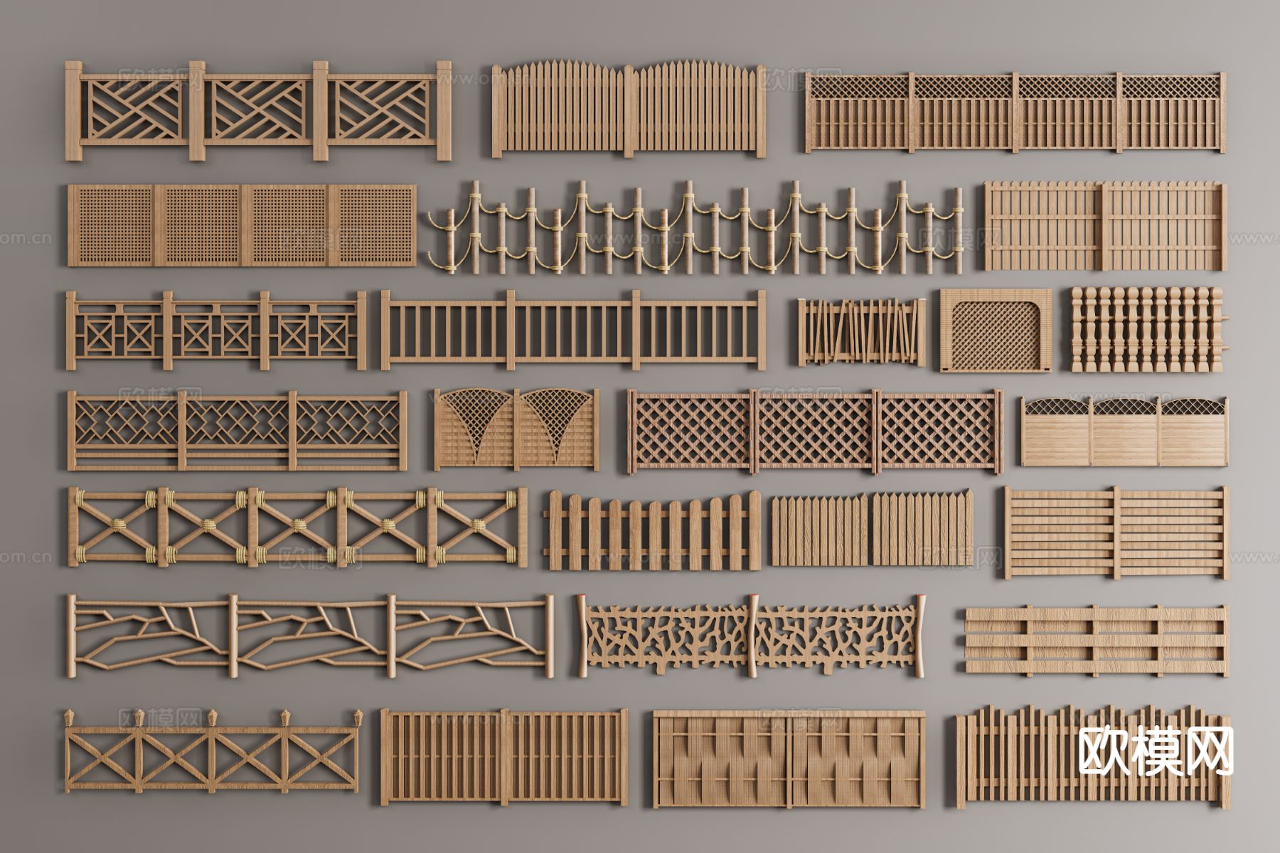 新中式围栏护栏 木栏杆 竹篱笆 木栅栏3d模型