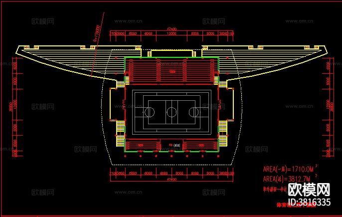 长47.4米宽38米2层3812.7平米某学校体育馆cad施工图