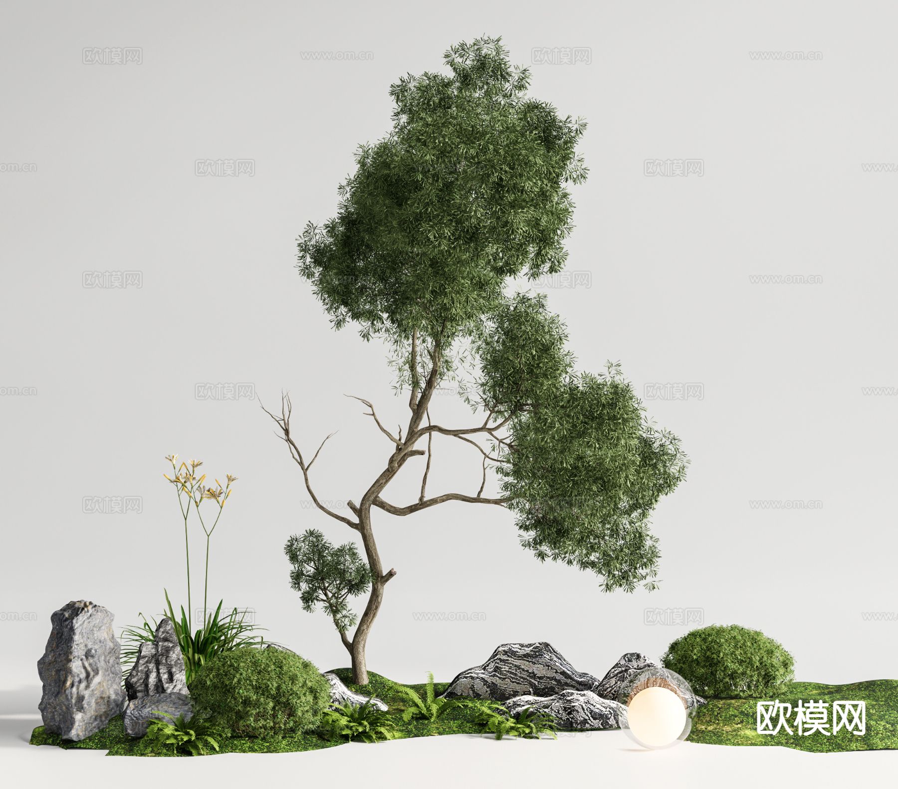 庭院小品 歪脖子景观树 植物堆3d模型