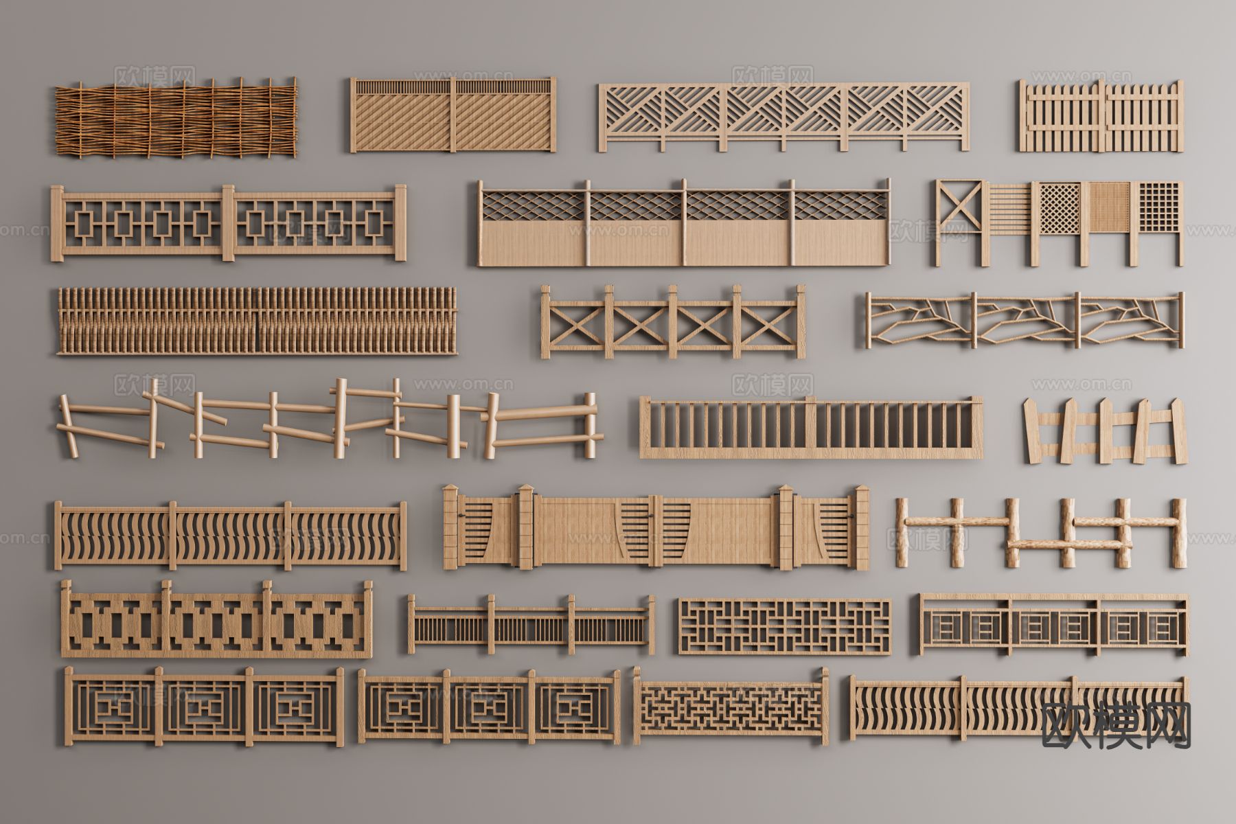 新中式围栏护栏 木栏杆 竹篱笆 木栅栏3d模型