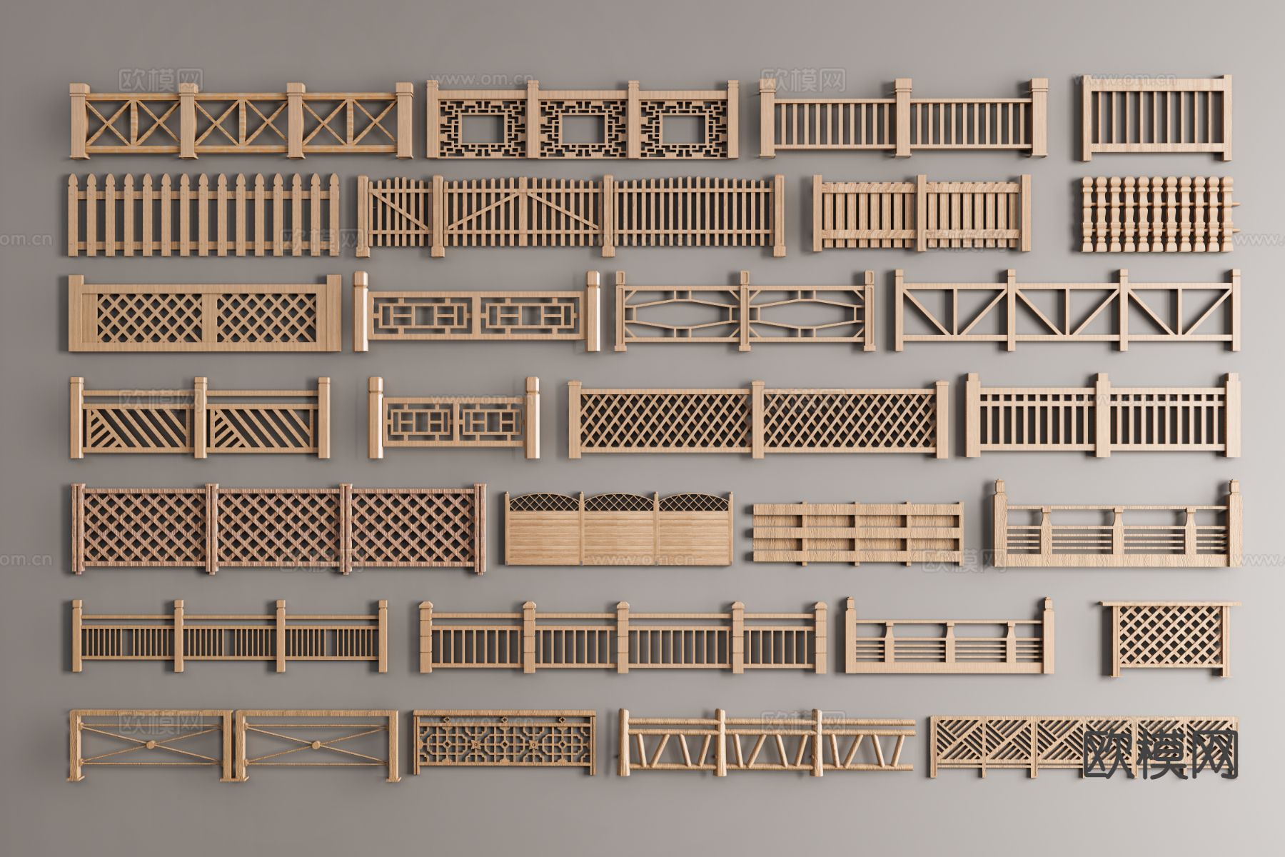 新中式围栏护栏 木栏杆 竹篱笆 木栅栏格栅3d模型