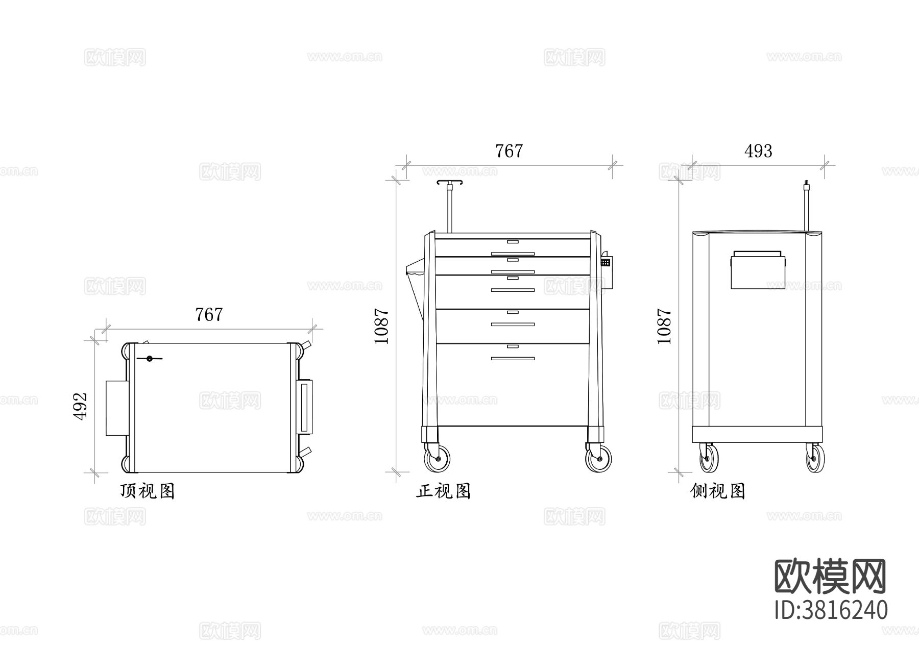 急救小推车平面图 急救小推车结构图下载