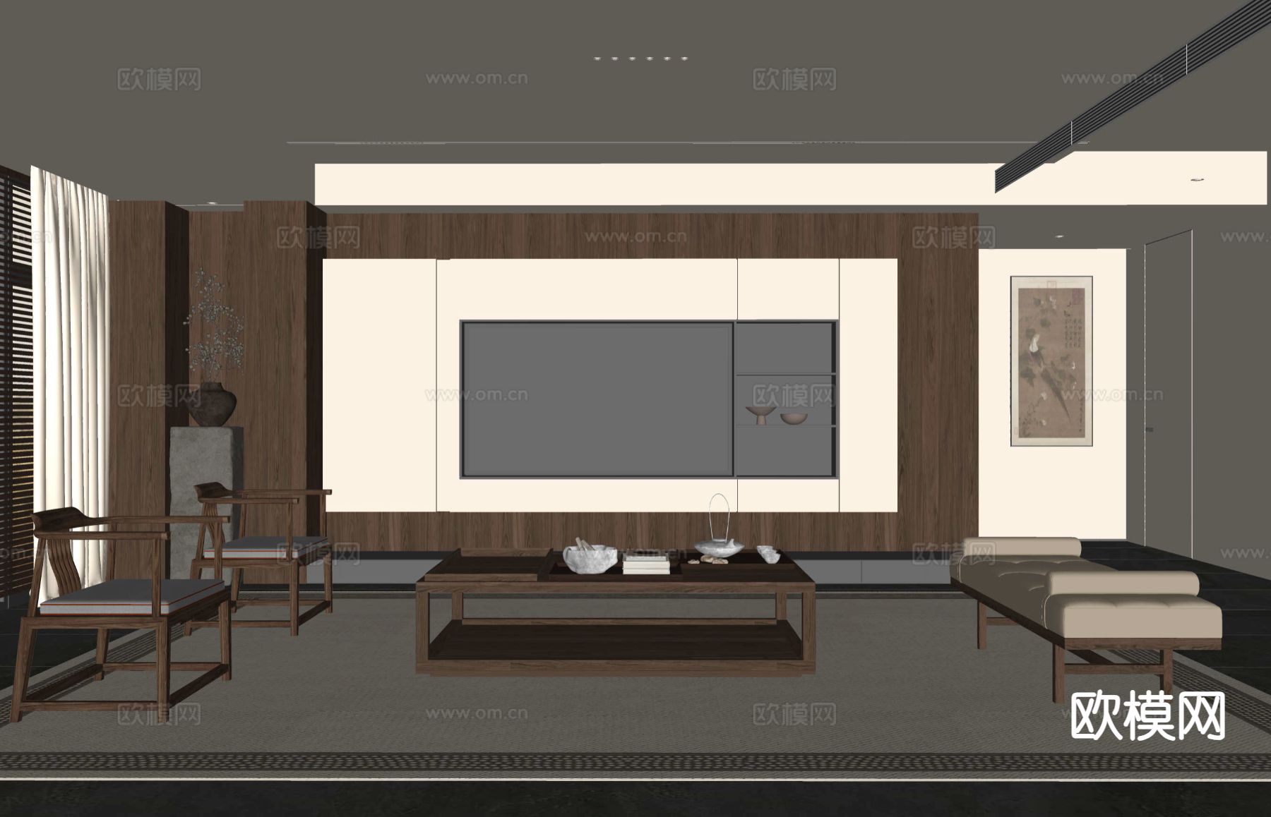 新中式客厅su模型下载_ID15567942_sketchup模型下载-欧模网