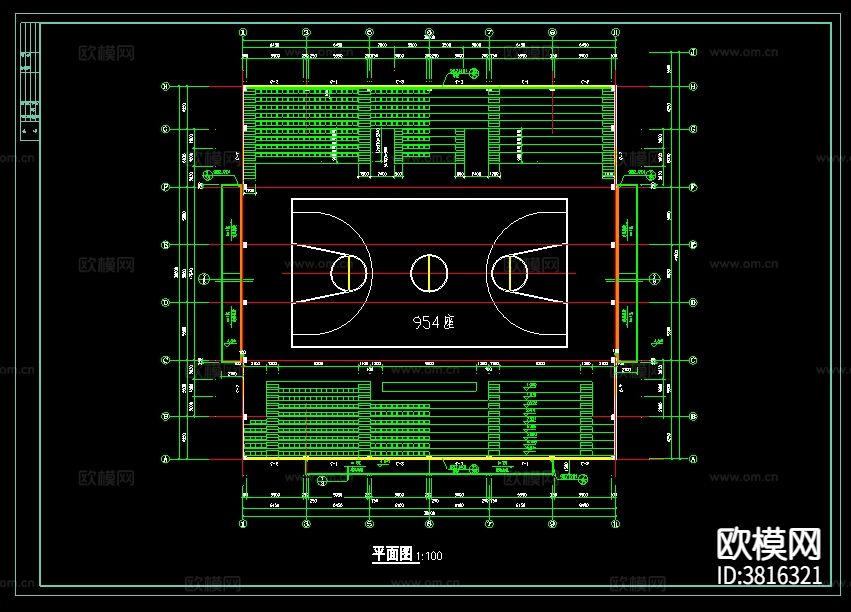 长41.5米 宽38米 1+1夹层小型体育馆建筑cad施工图