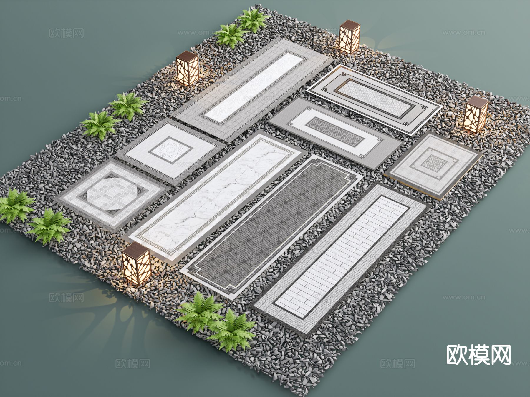 新中式园林铺装 铺地小品 鹅卵石 石阶3d模型