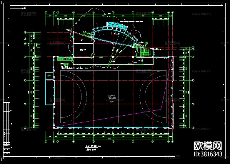 长48米宽36.3米 -1+2层3206平米体育馆建筑cad施工图