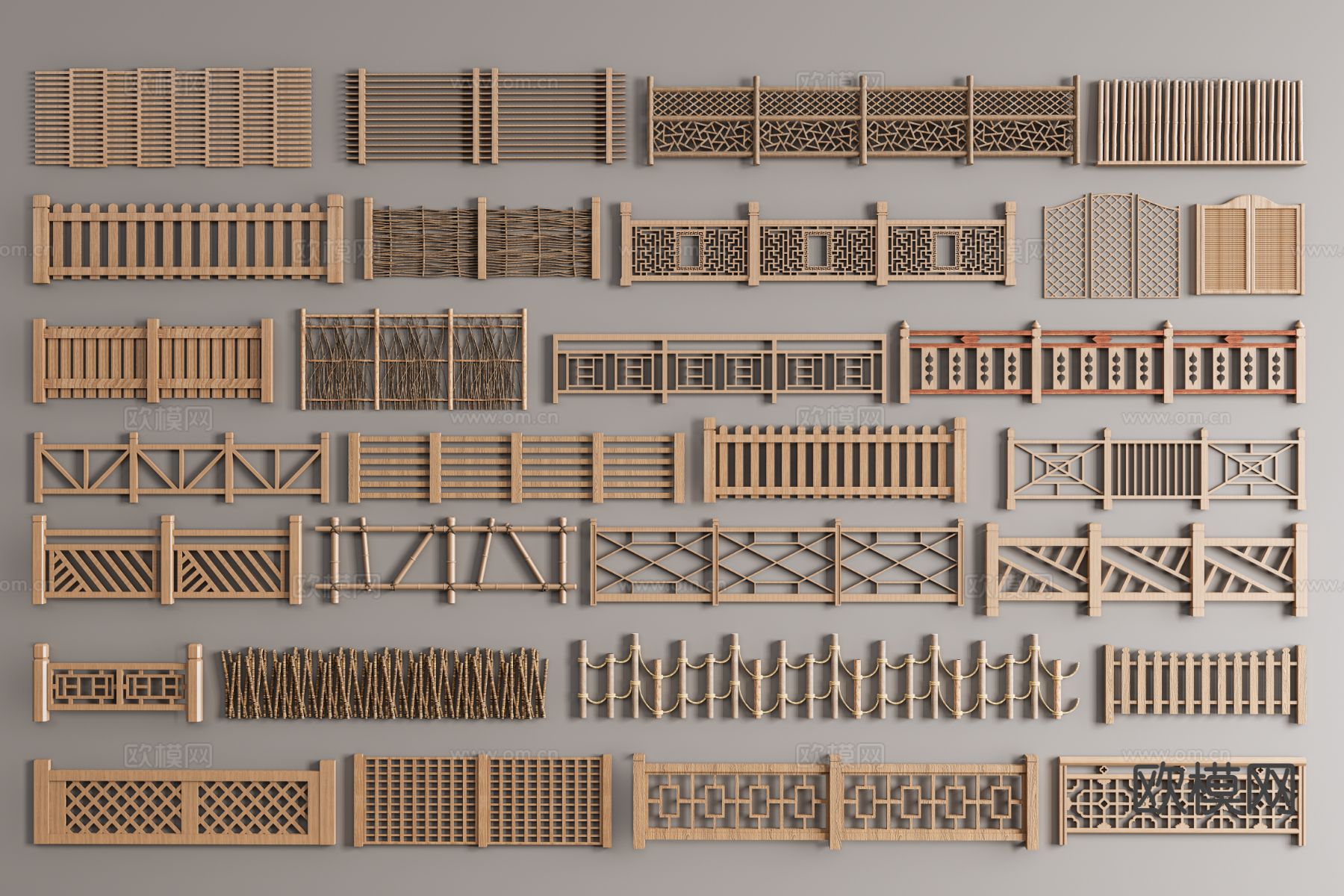 新中式围栏护栏 木栏杆 竹篱笆 木栅栏3d模型
