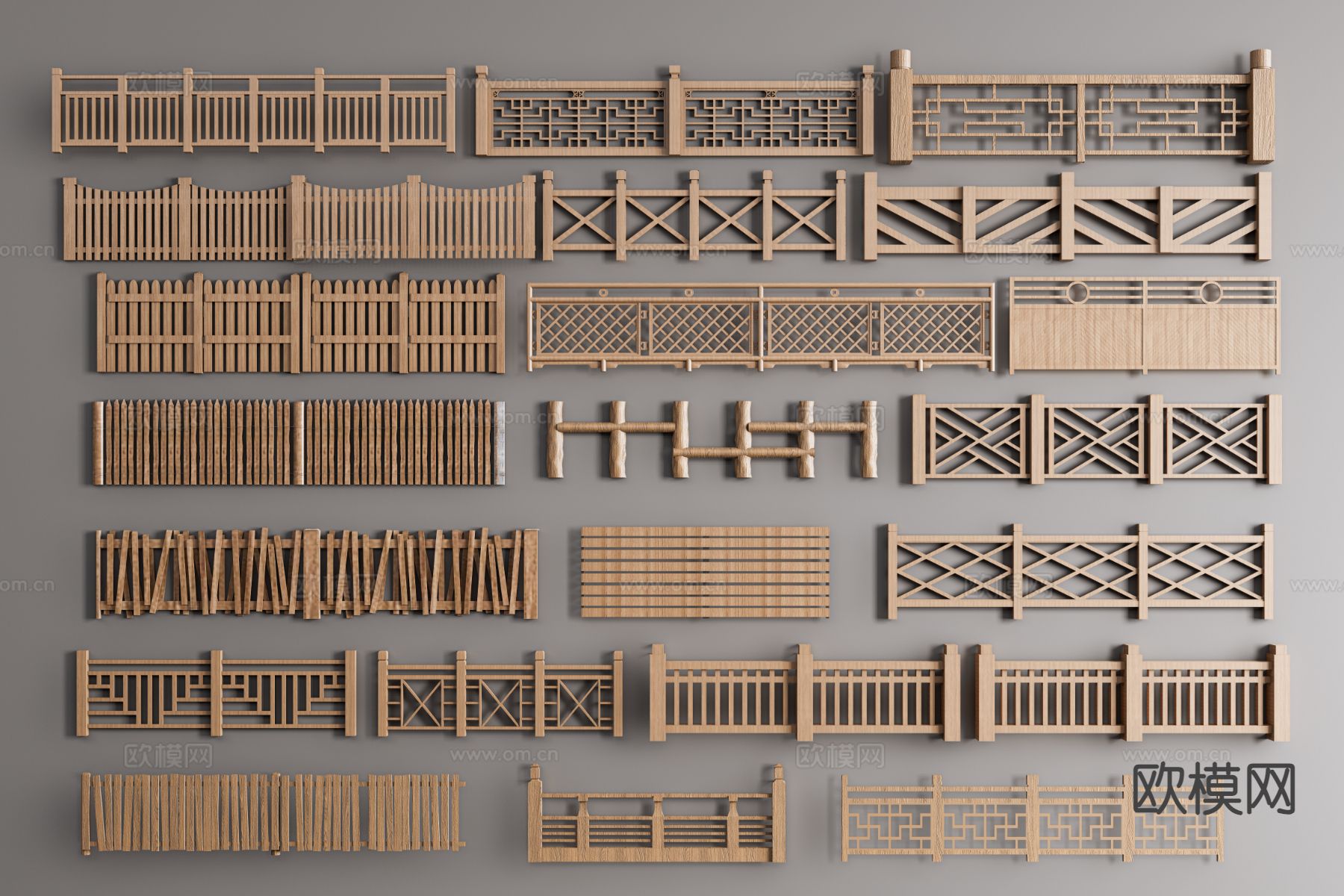 新中式围栏护栏 木栏杆 竹篱笆 木栅栏3d模型