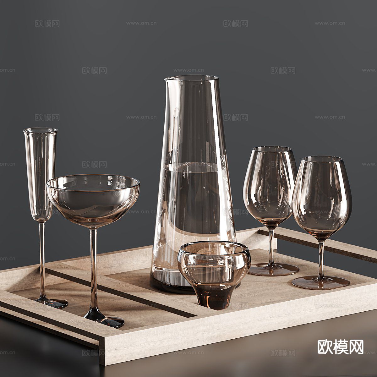 现代水杯摆件 玻璃杯 玻璃水壶 茶盘3d模型