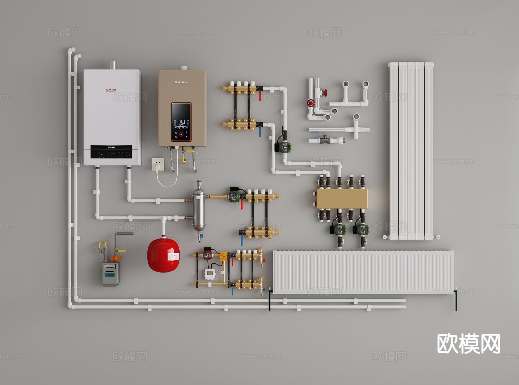 地暖系统 热水器 燃气表 暖气片3d模型