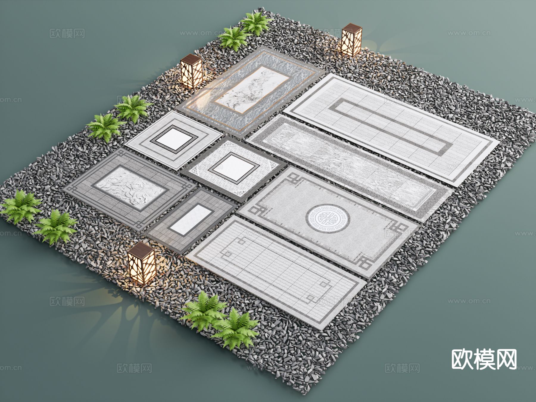 新中式园林铺装 铺地小品 鹅卵石 石阶3d模型