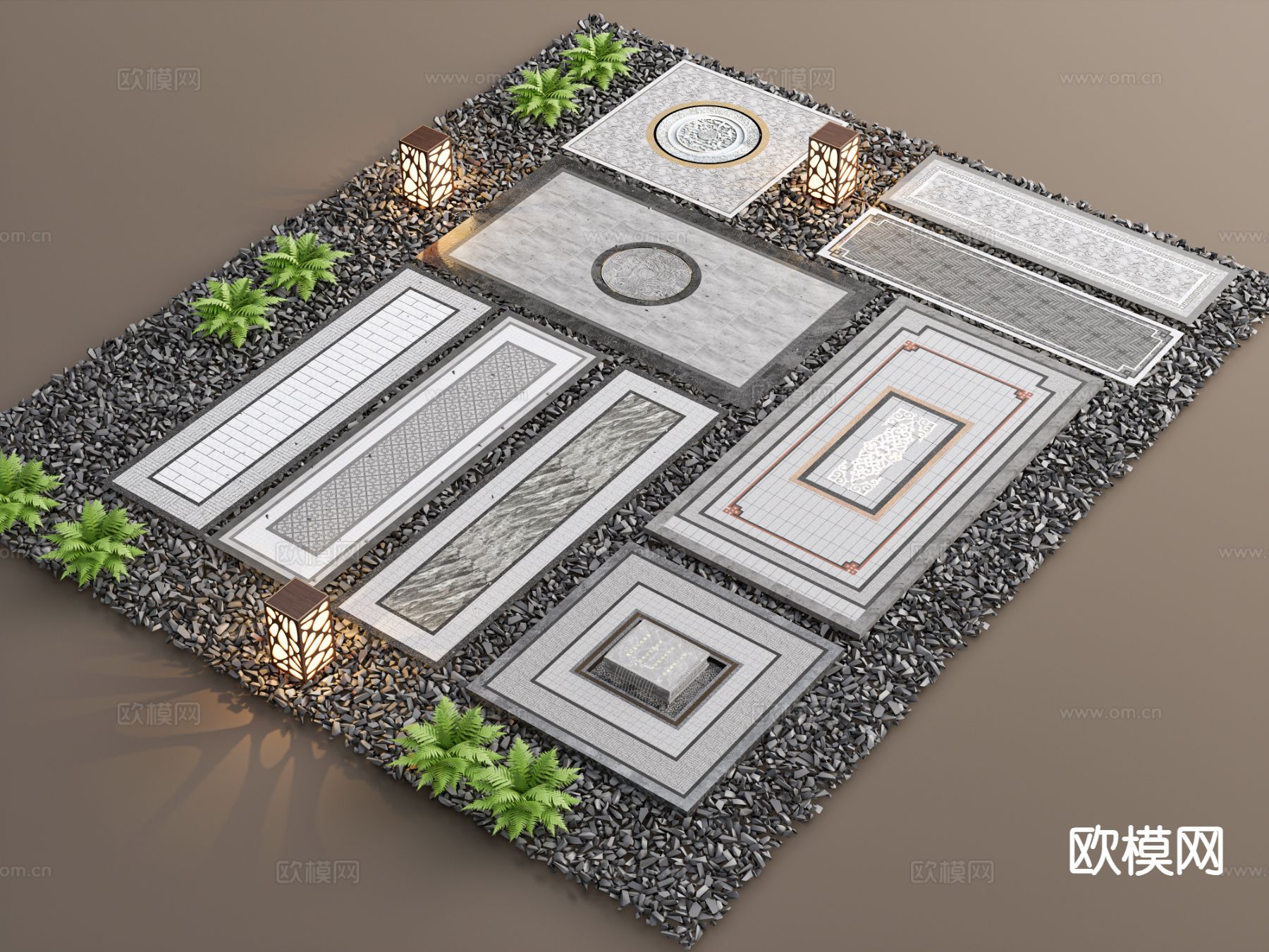 新中式园林铺装 铺地小品 鹅卵石 石阶3d模型下载
