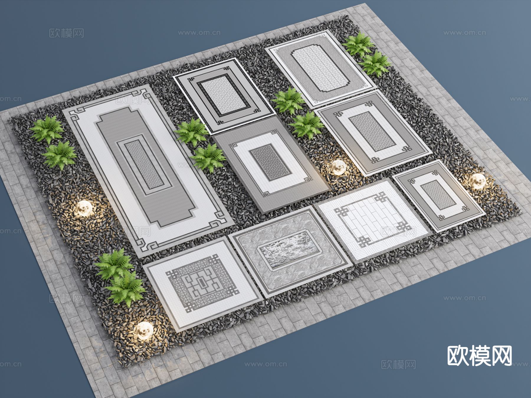 新中式园林铺装 铺地小品 鹅卵石 石阶3d模型