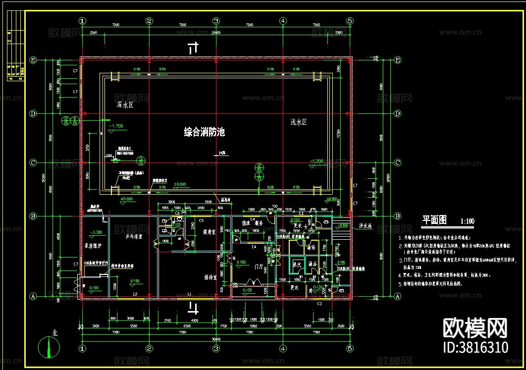 长30米 宽26.5米 1层游泳池建筑cad施工图