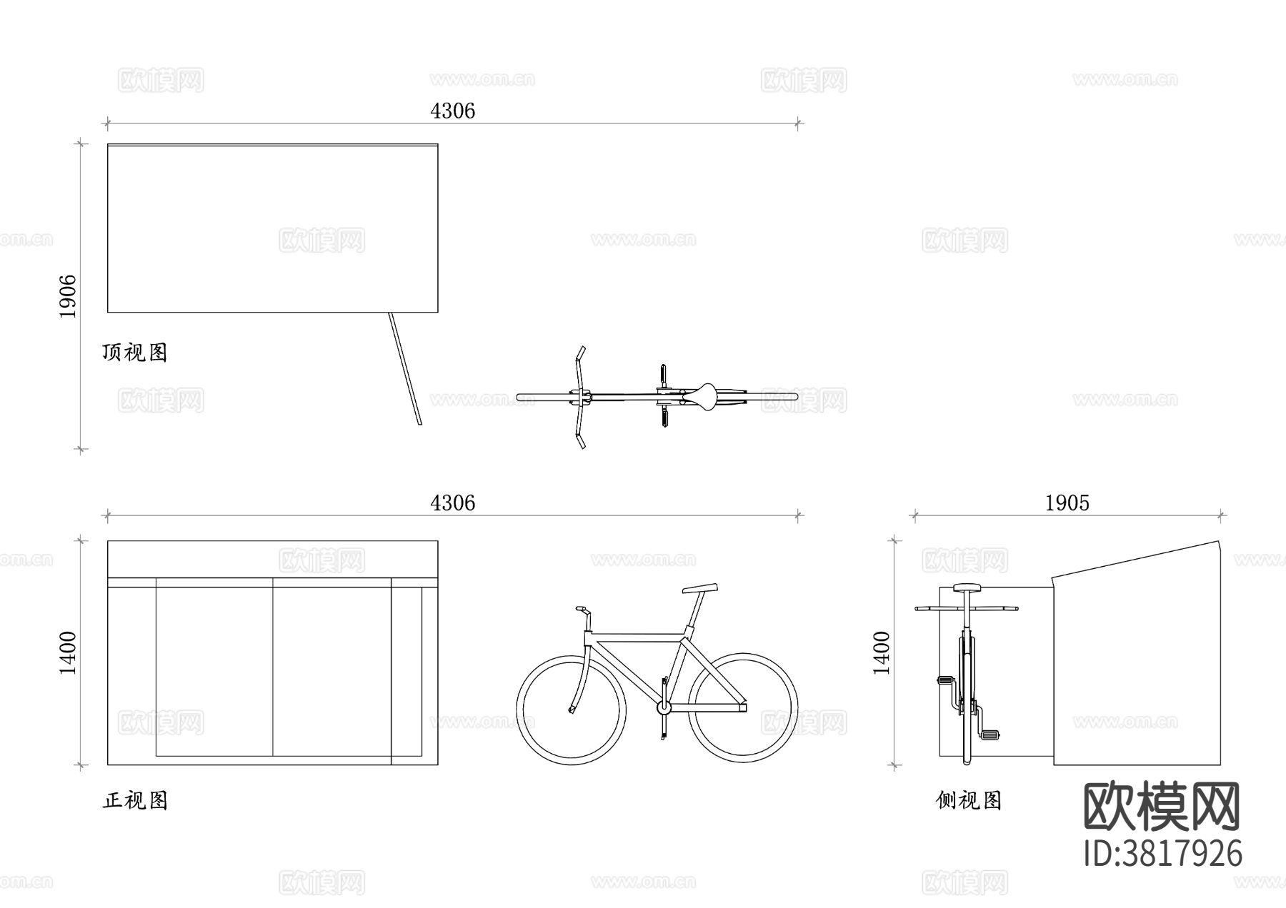 自行车棚 自行车遮阳棚CAD三视图