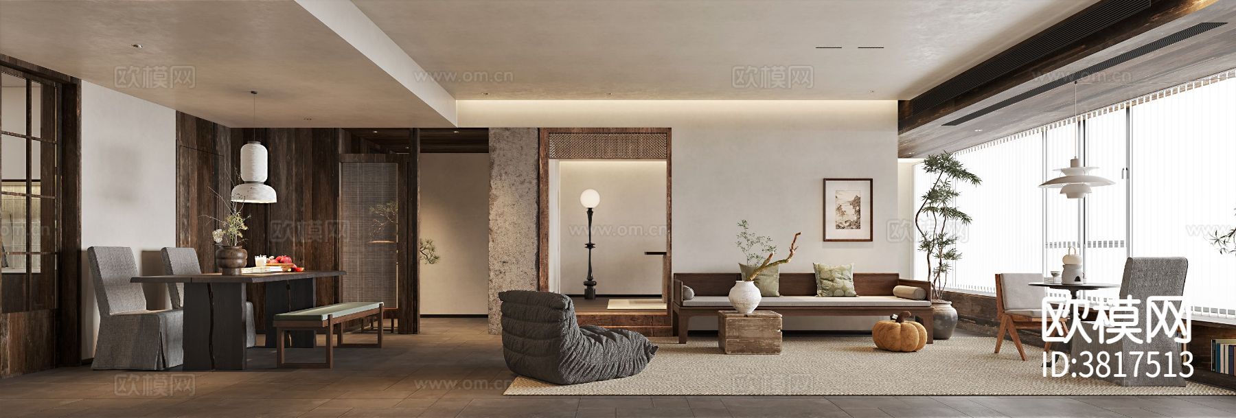 新中式客餐厅装修效果图下载（渲染图1）