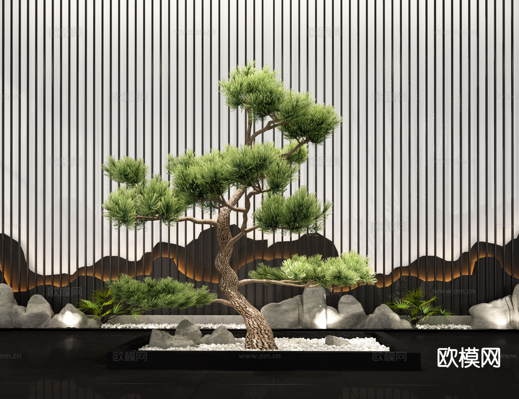 新中式庭院松树造景3d模型