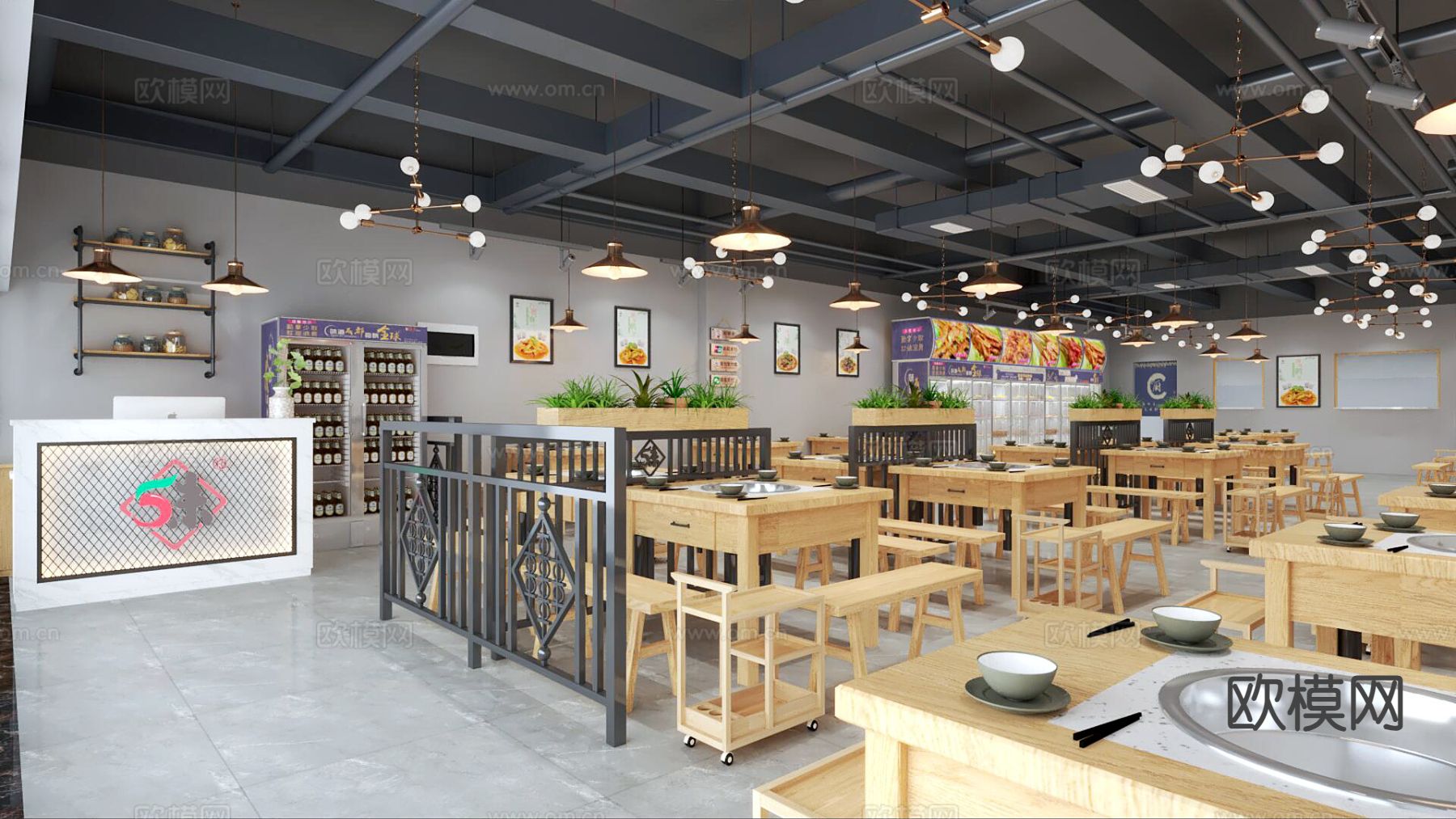 现代简约火锅店3d模型下载（渲染图2）