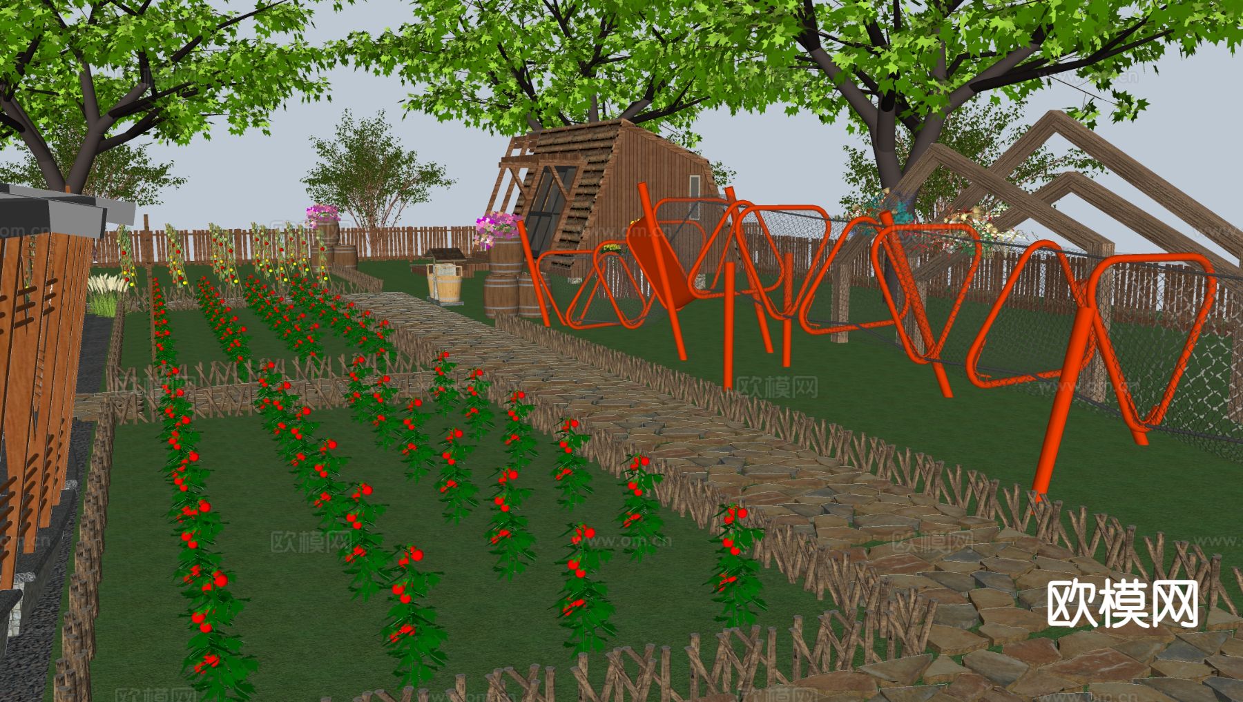 新中式菜园 采摘园su模型