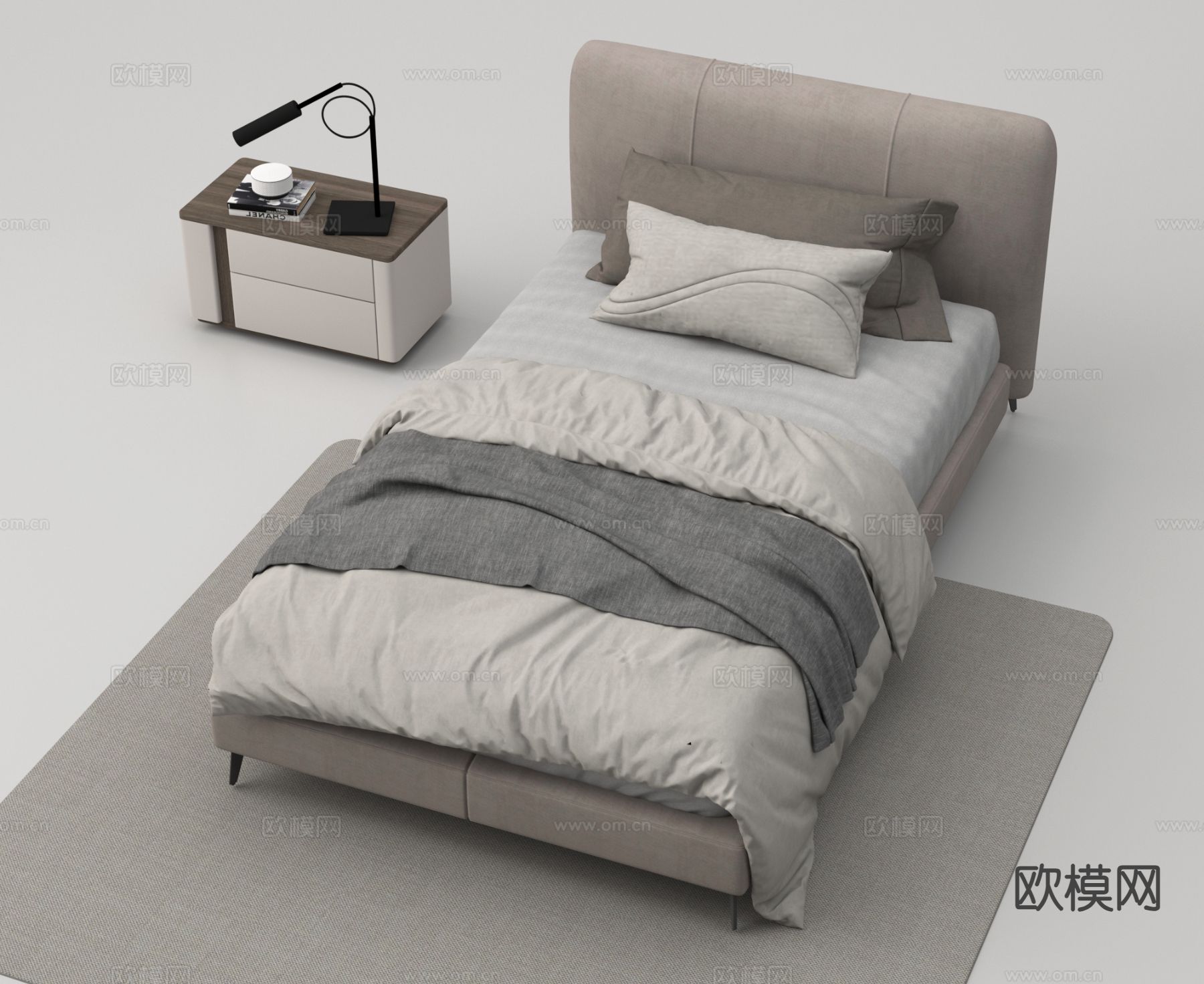 现代单人床 酒店客房床 标间床su模型下载（渲染图2）
