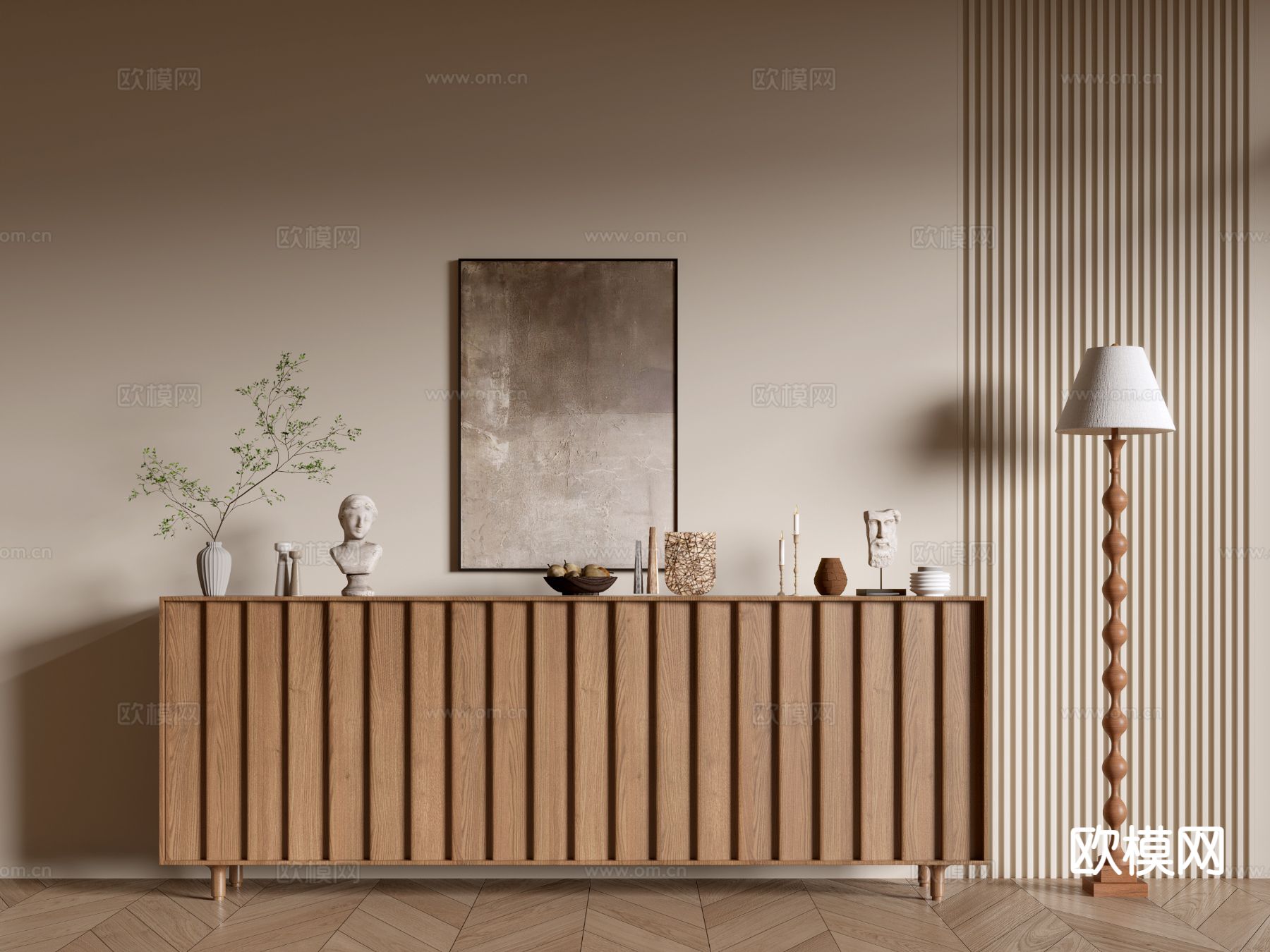 原木风玄关柜 边柜su模型下载（渲染图2）