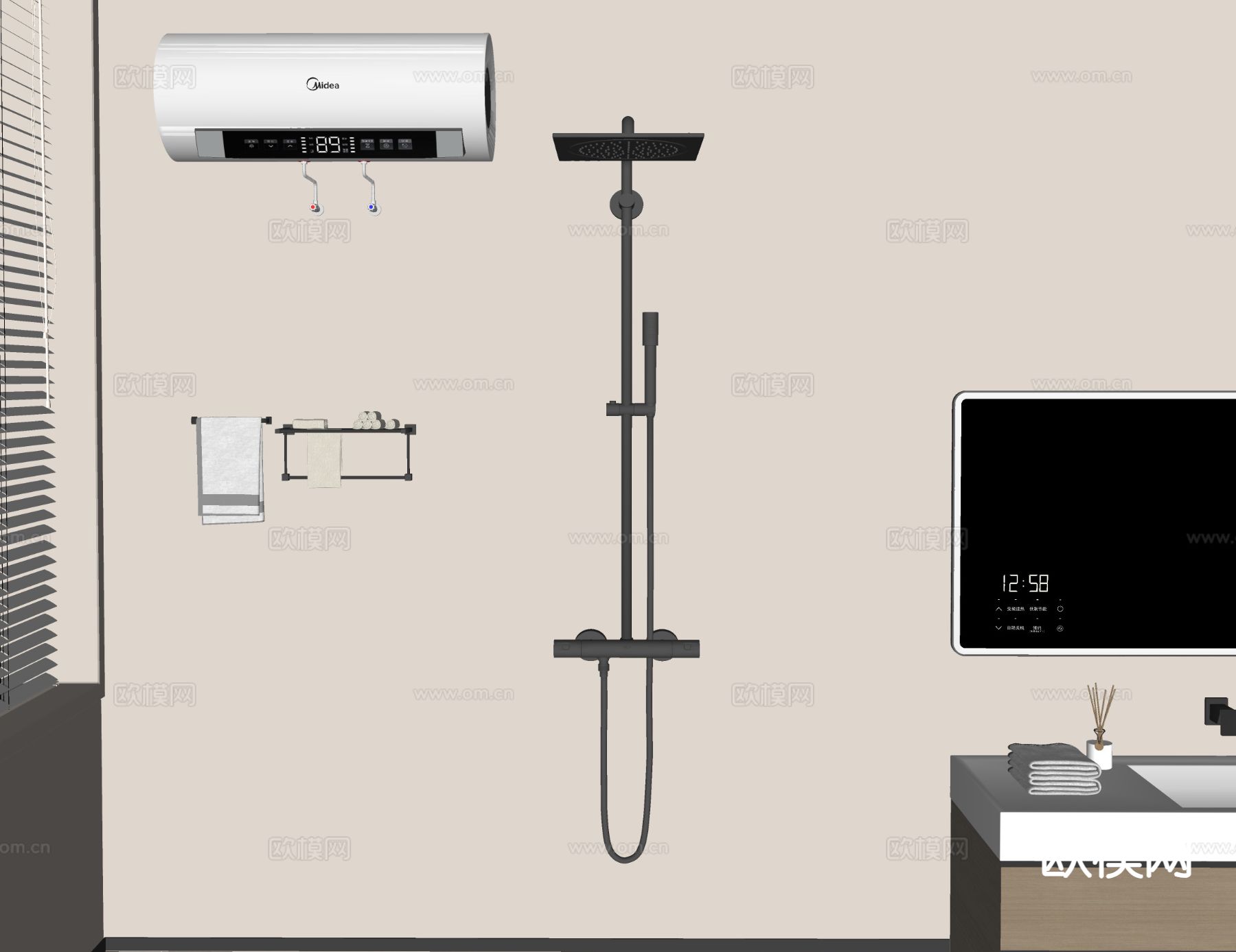 花洒 淋浴喷头 热水器 毛巾架su模型